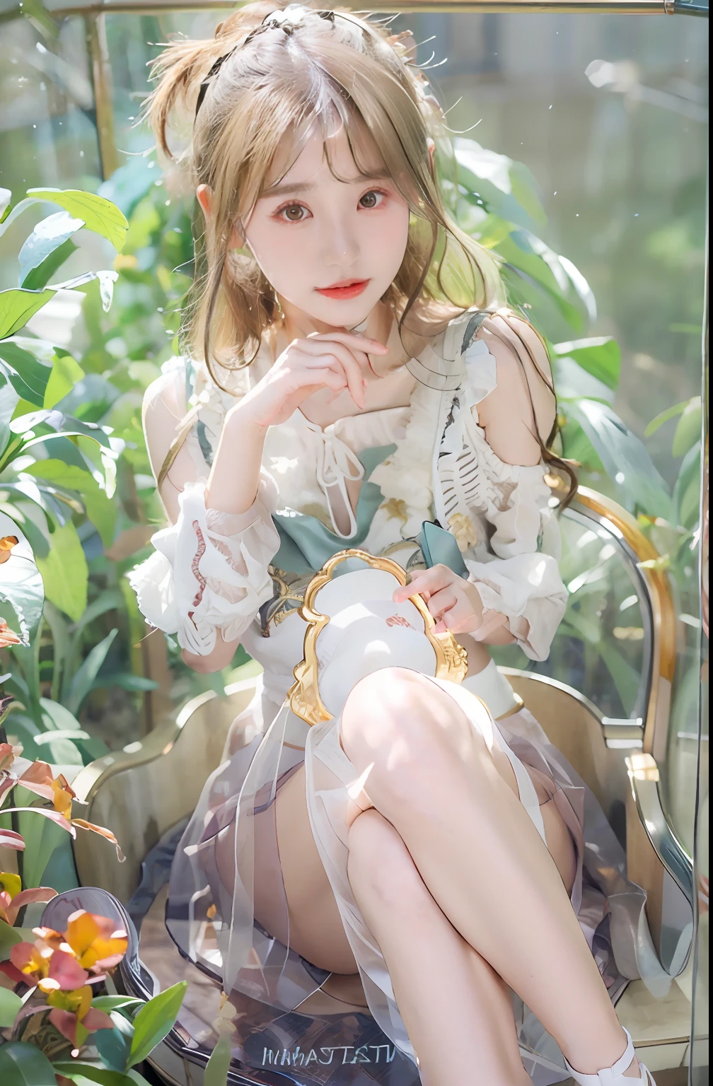 Need,tmasterpiece,Highest image quality，whaite hair,Golden eyes,White dress,Look up,Hairline,Fair skin,SideBraid，White and tender arms，Beautiful legs，Sit Pose，Slightly transparent skirt，beautidful eyes，largeeyes，ssmile，photorealestic