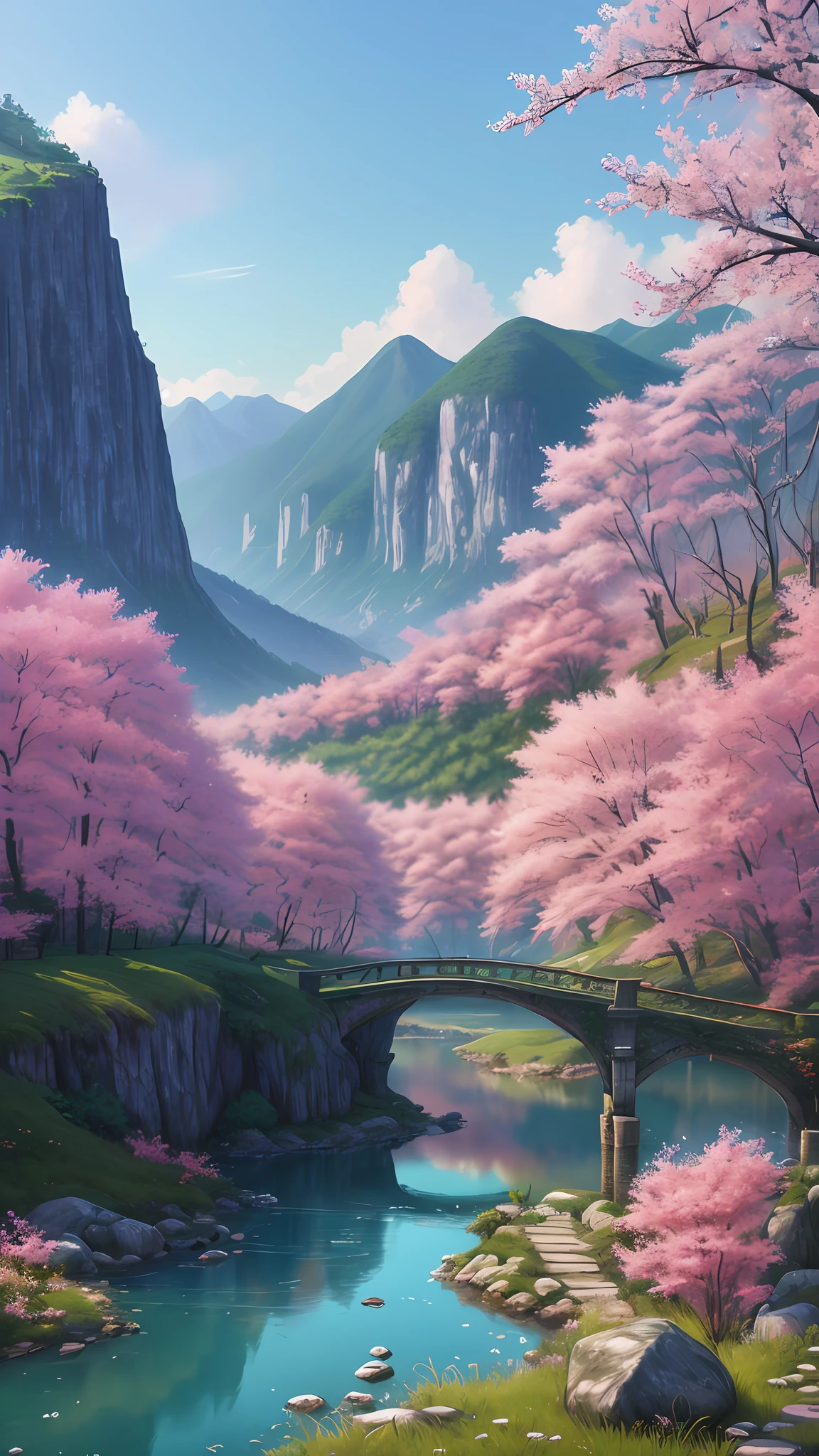 Wallpapers，scenecy，Far Mountain，Eau，Traditional Gangnam，idyllic scenery，（Very detailed CG unity 8k wallpaper），most beautiful artwork in the world，iintricate，high detal，sharp fokus，dramatics，Realistic painting art