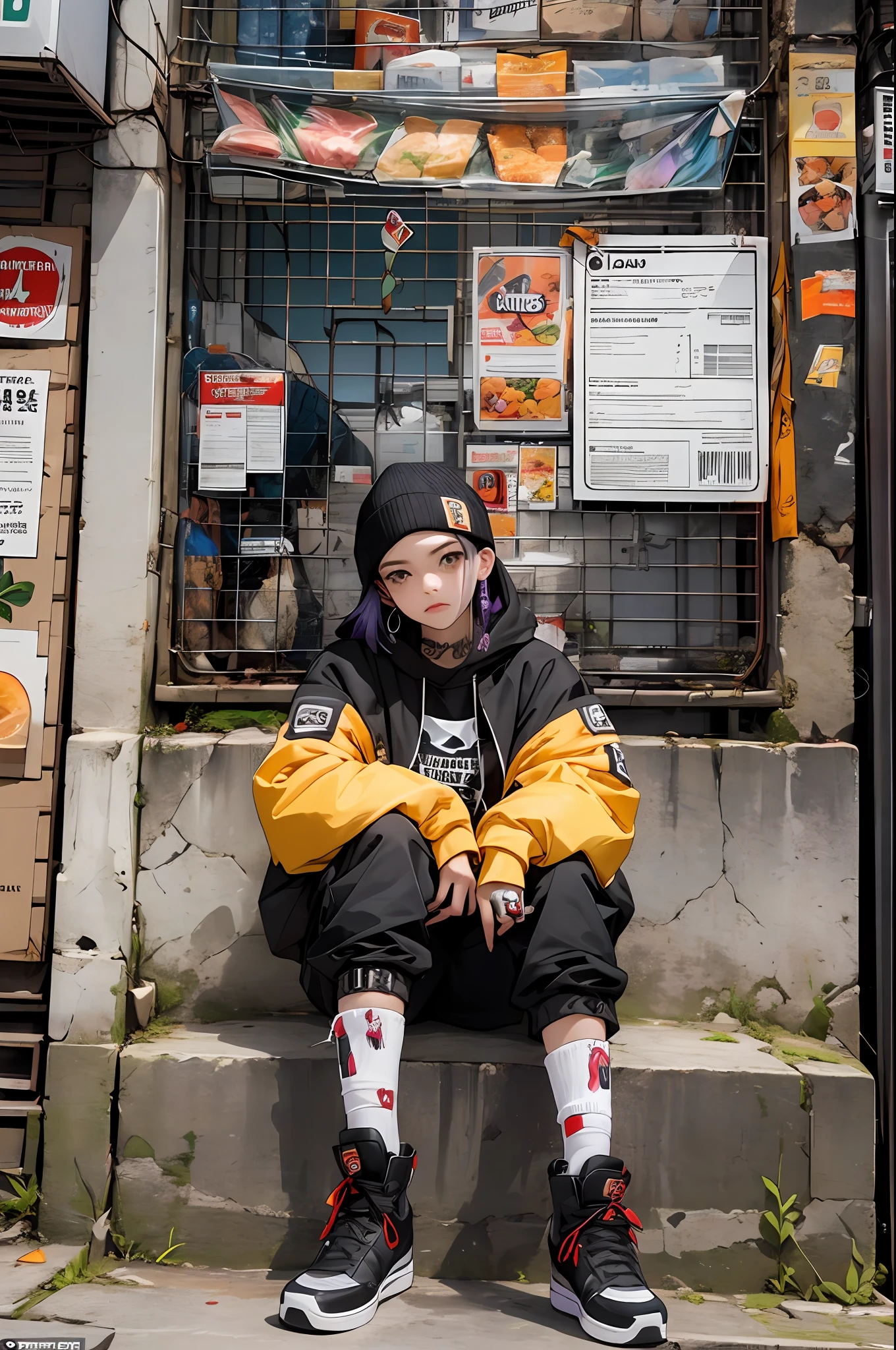 roxo: 1.5, laranja: 1.1, Branco: 1.3, amarelo: 1.3, (garota rapper com cabelo pavor), tatuagens, (roupas puffer do poder: 1.2), peitoral de caveira, garments