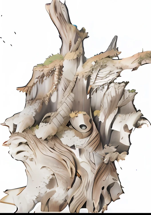 There is a sculpture of a tree trunk, driftwood sculpture, Groot, carved wood, cgi clay sculpture, driftwood, stump, rough, wood art, treebeard, sculpture made of wood, Evil Tree Wizard,white colors