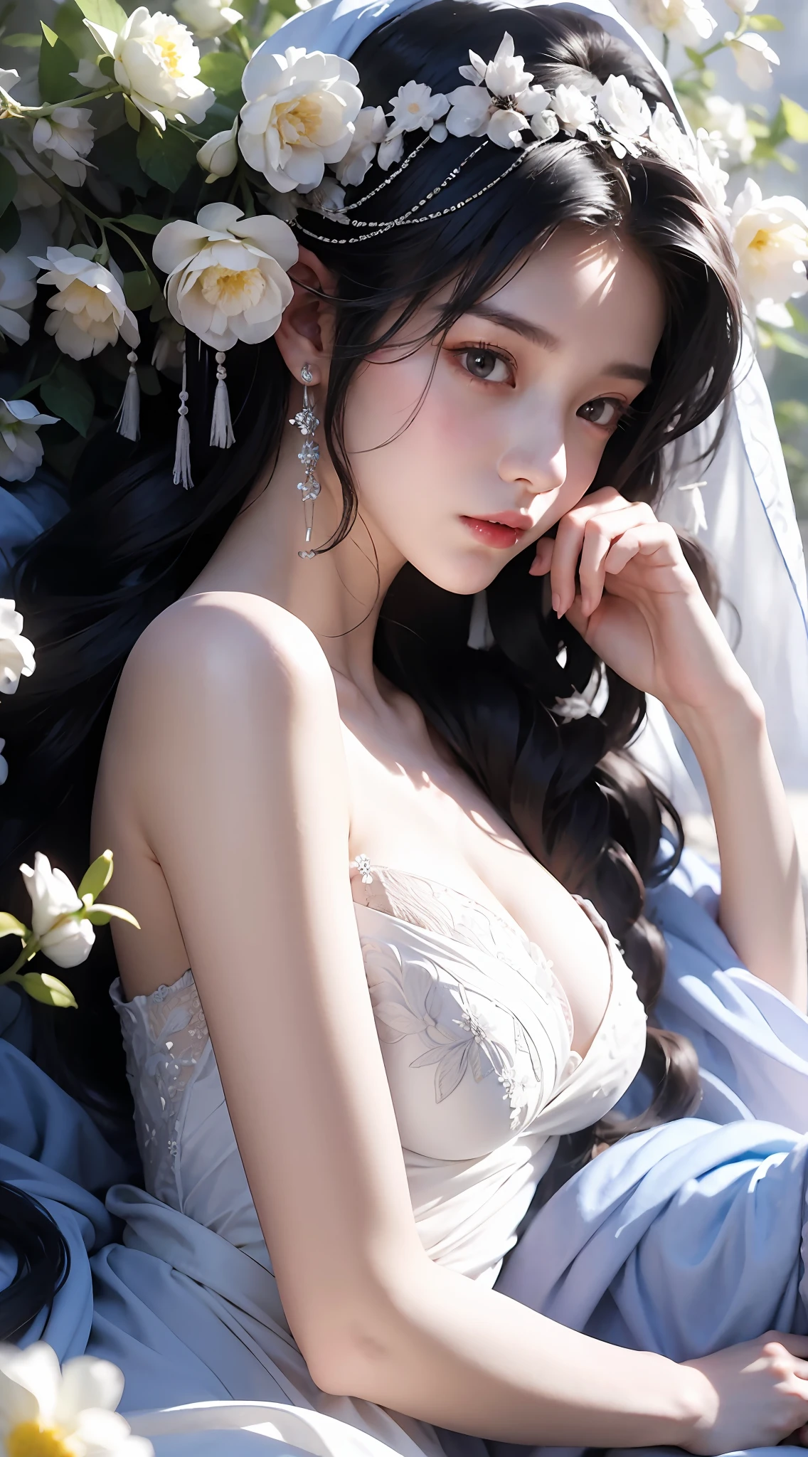 1个Giant Breast Girl,Full body photo,Black color hair,floated hair,Hazy beauty,Extremely beautiful facial features,White embroidered dress,with a hairpin on her head,Lying in the flowers,The hand dragged the chin,perfect hand,White flowers,(springtime, Rainy days, terraced, mountain ranges), Simple vector art, Contemporary Chinese art, the soft light, Tangled scarf,Overlooking,(big breasts exposed cleavage)