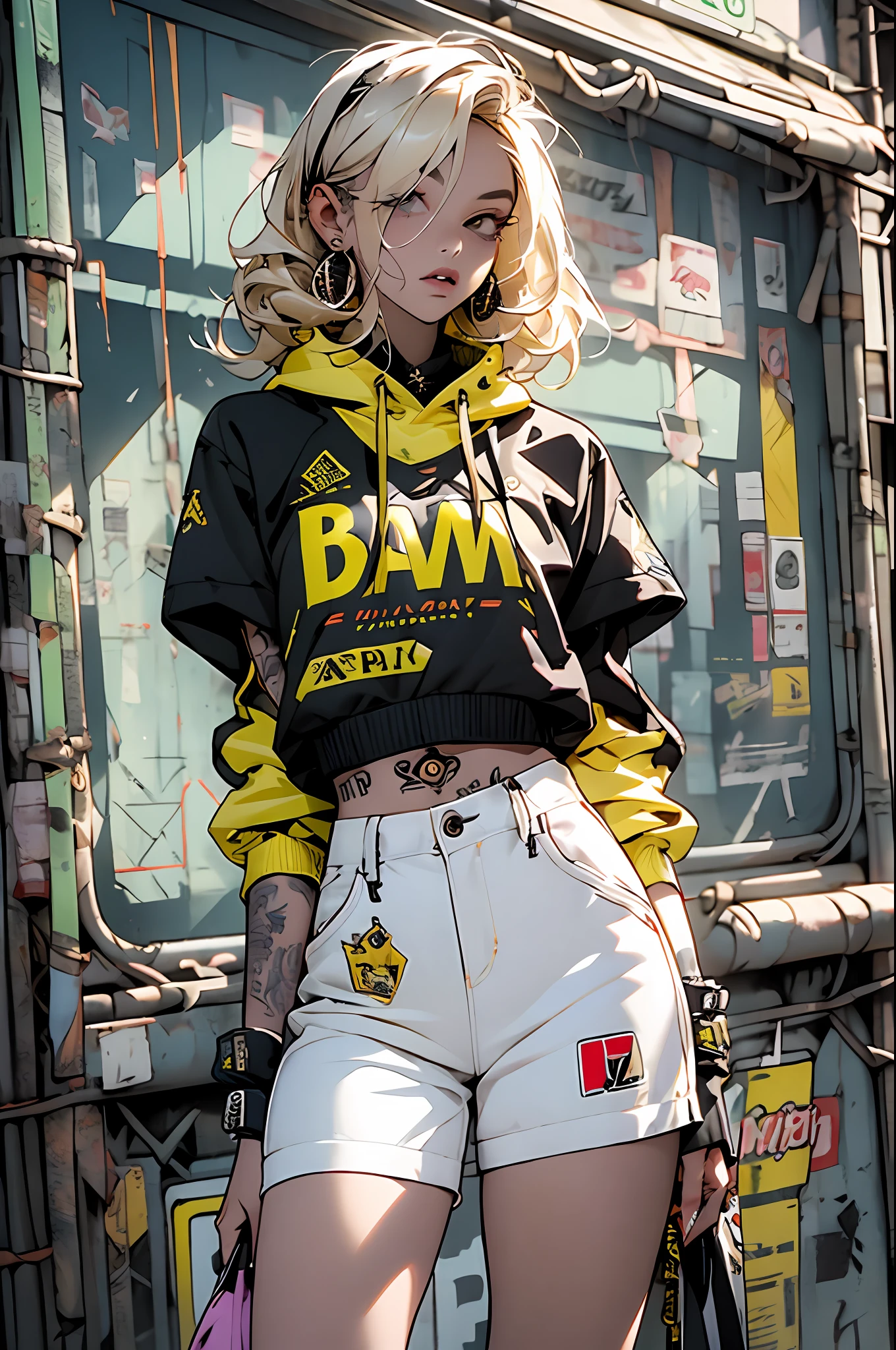 roxo: 1.5, laranja: 1.1, Branco: 1.3, amarelo: 1.3, (garota rapper com cabelo pavor), tatuagens, (roupas puffer do poder: 1.2), peitoral de caveira, garments