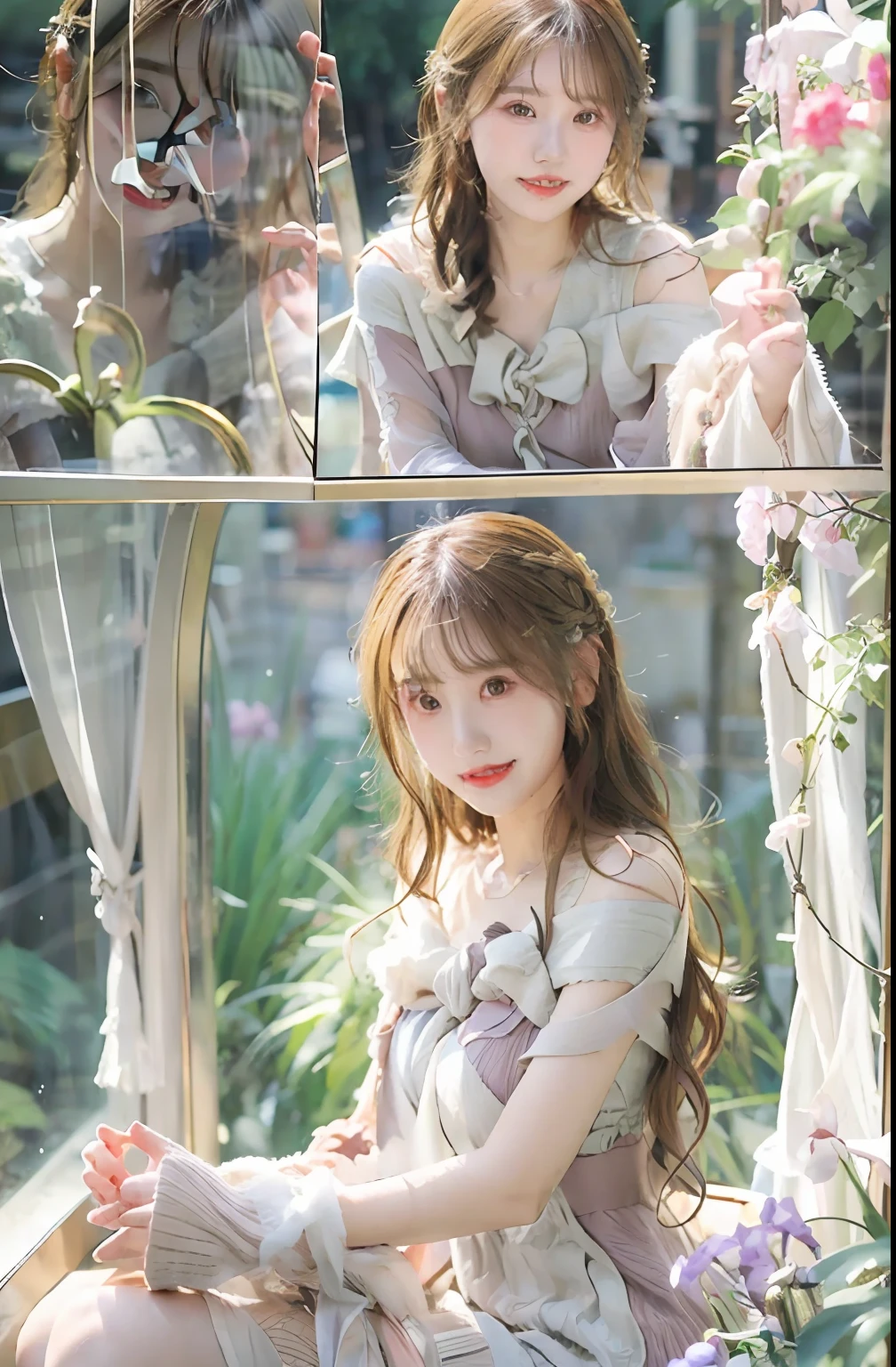 Need,tmasterpiece,Highest image quality，whaite hair,Golden eyes,White dress,Look up,Hairline,Fair skin,SideBraid，White and tender arms，Beautiful legs，Sit Pose，Slightly transparent skirt，beautidful eyes，largeeyes，ssmile，photorealestic