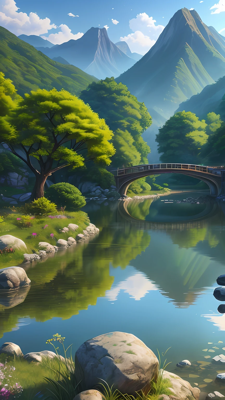 Wallpapers,scenecy,Far Mountain,Eau,Traditional Gangnam,idyllic scenery,(Very detailed CG unity 8K wallpaper),most beautiful artwork in the world,iintricate,high detal,sharp fokus,dramatics,Realistic painting art