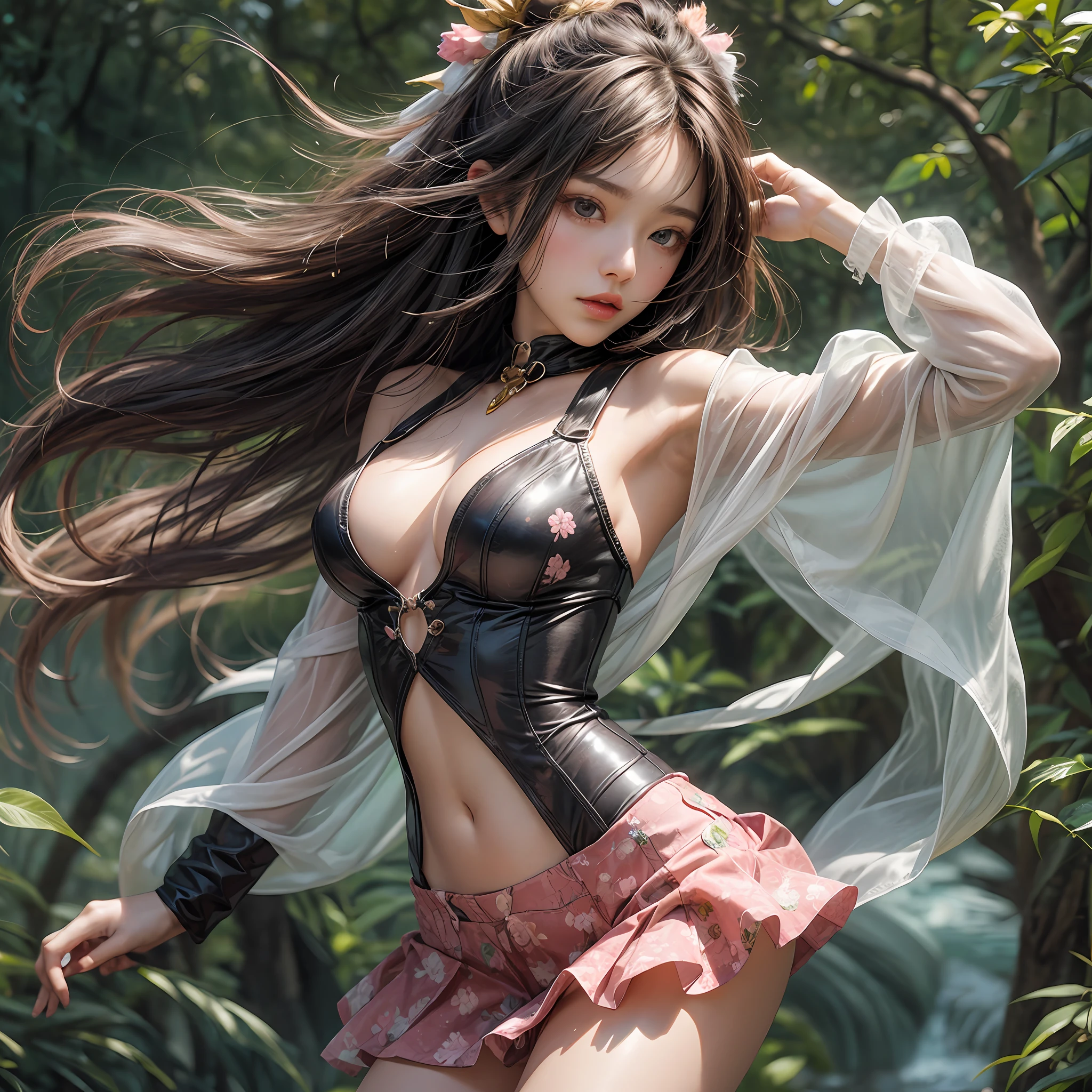 Holding a large see-through stole with pale pink floral pattern with both hands、Swaying in the wind。dark color、shackle、Halter Neck Bodysuit、Rubber Suit Corset、garterbelts、Upper eye、light-colored skin and loose navel skin,,,,,,,,,,,,,,,,,,,,,。Skirt flutters in the wind and spreads。Dynamic Posing。Dancing Poses。
Loose clothing shows shoulders。Very beautiful girl at 19 years old。
Hair swaying in the wind。 masutepiece、Best Photoreal、portlate、Sheer clothing、wetted skin、Wet hair、Sexy look、Functional、Bewitching、Clothes with an open back、Oblique composition、Waterfall in the forest、Big hair ornament、Medium chest、Navel Ejection、Shiny knee-high socks、Bold open chest clothes、、hair adornments、