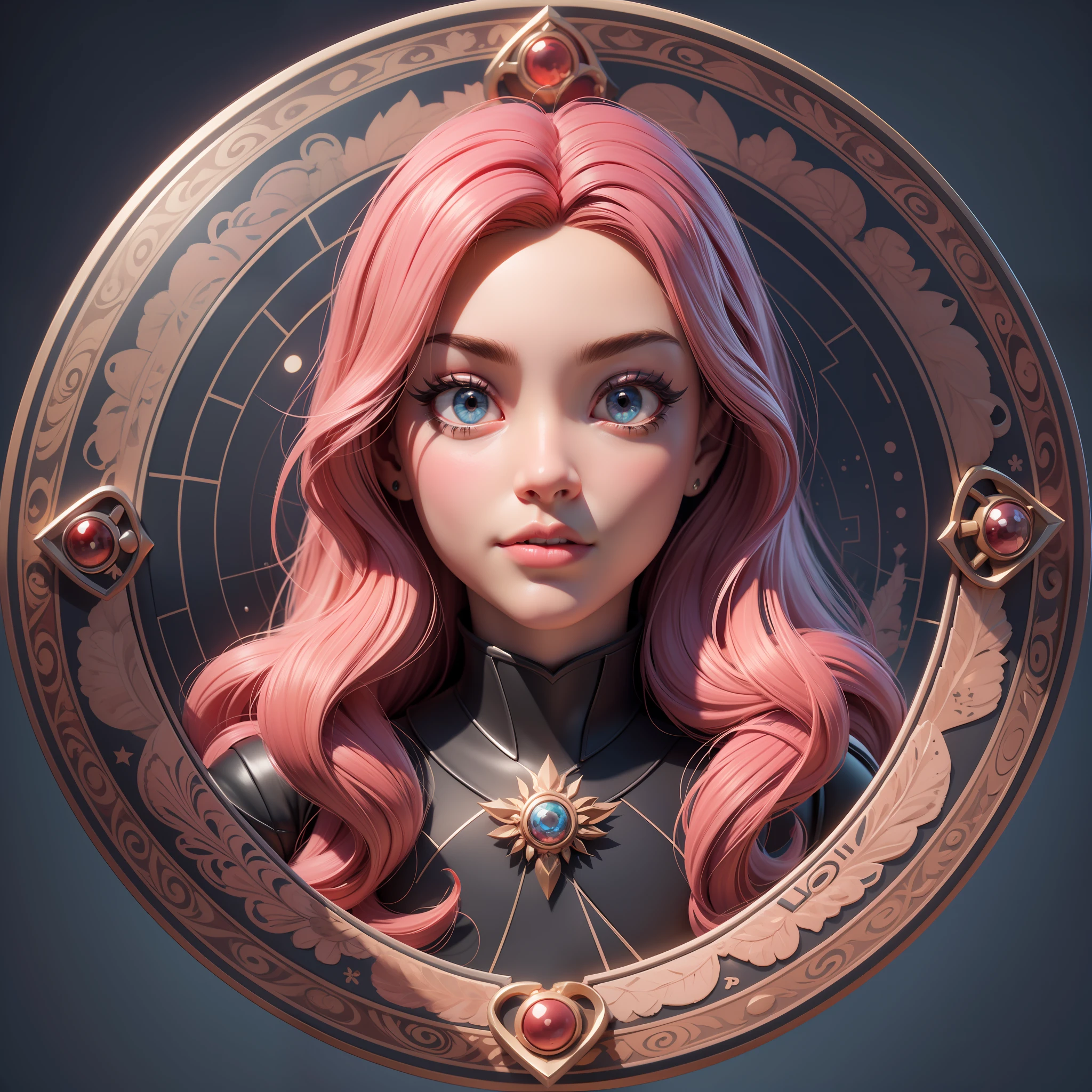 A detailed illustration of the magic barbie's face inside a mandala style art shield, t-shirt design, red color, black magic splash, dark, gothic, t-shirt design, tetradic pastel colors, 3D vector art, fantasy art, Watercolor effect , Bokeh, Adobe Illustrator, Hand drawn, Digital painting, Low poly, Soft lighting, Overhead view, Isometric style, Retro aesthetic, Focused character, 4K resolution, Photorealistic rendering, Using 4D Cinema