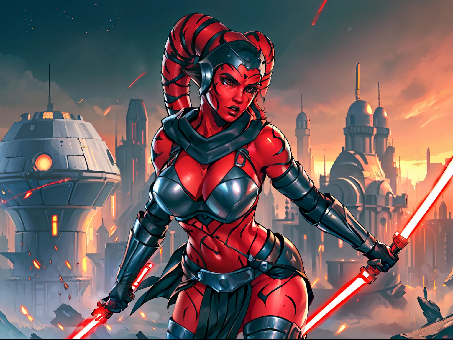 Gorgeous big tits Twi'lek woman in an action scene, (((fighting, swordfight, dual red lightsabers))), masterpiece, best quality, high-definition, armor, busty, ((red skin), twi'lek), dual red lightsabers, evil space knight, space ninja, (wearing black robes, black stealth armor, breastplate, tunic, tabard, cowl, cloak, body glove, straps, buckles, skirts, long sleeves, fantasy, ((armor))), ((busty), slender body, thin, slim sexy body, slim waist, ((gigantic breasts))), Imperial starship, Star Wars, futuristic city, warzone, soldiers in black armor