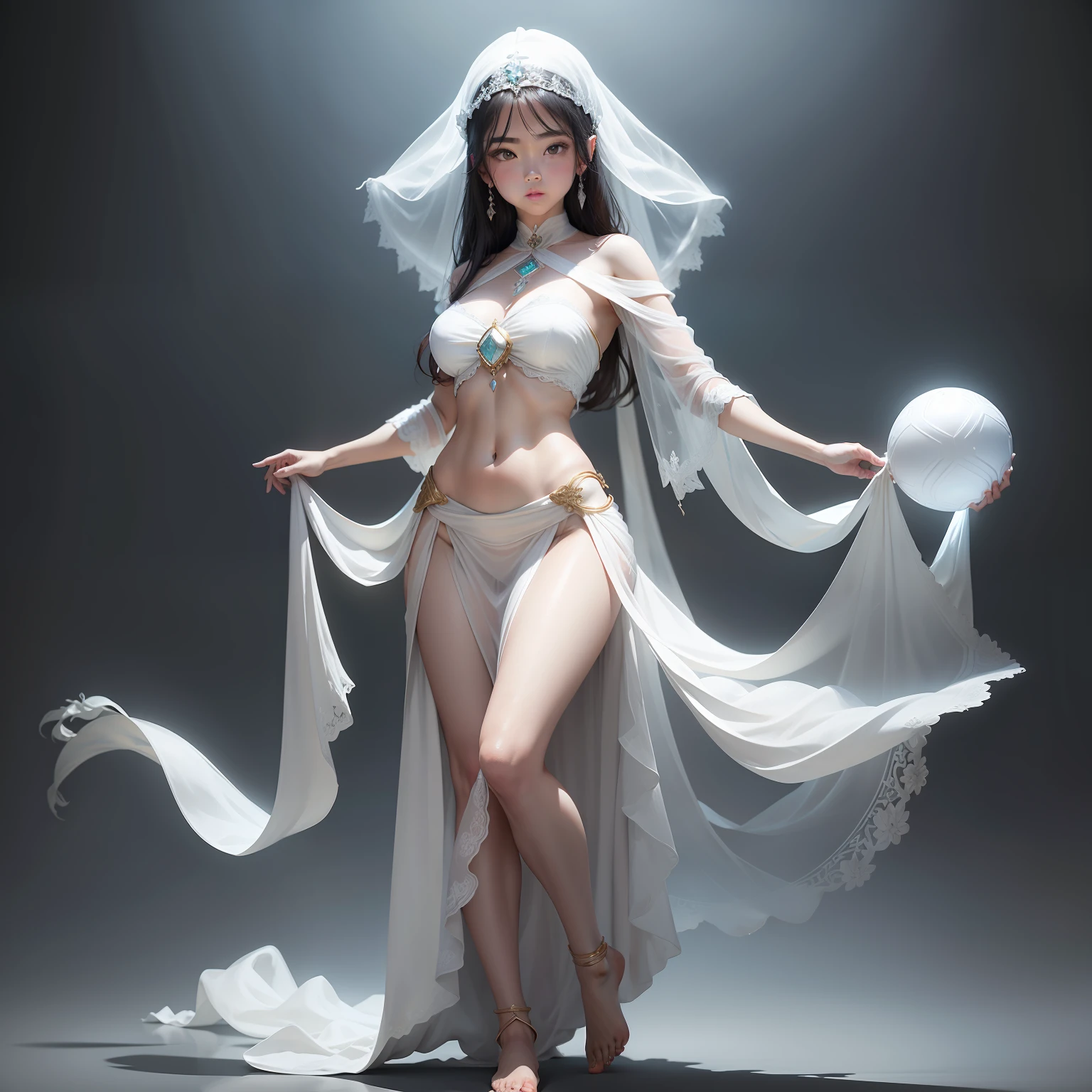 A girl in ancient costume holds a white jade ball,crystal-clear,The girl shows her abdomen,Barefoot。Full body standing image。Draped in a white veil, it is delicately depicted,Studio lighting effect,Fade transparency hierarchy,Strong texture,Ultra-clear rendering fine resolution,16K highest quality。Transparent texture。Creamy skin