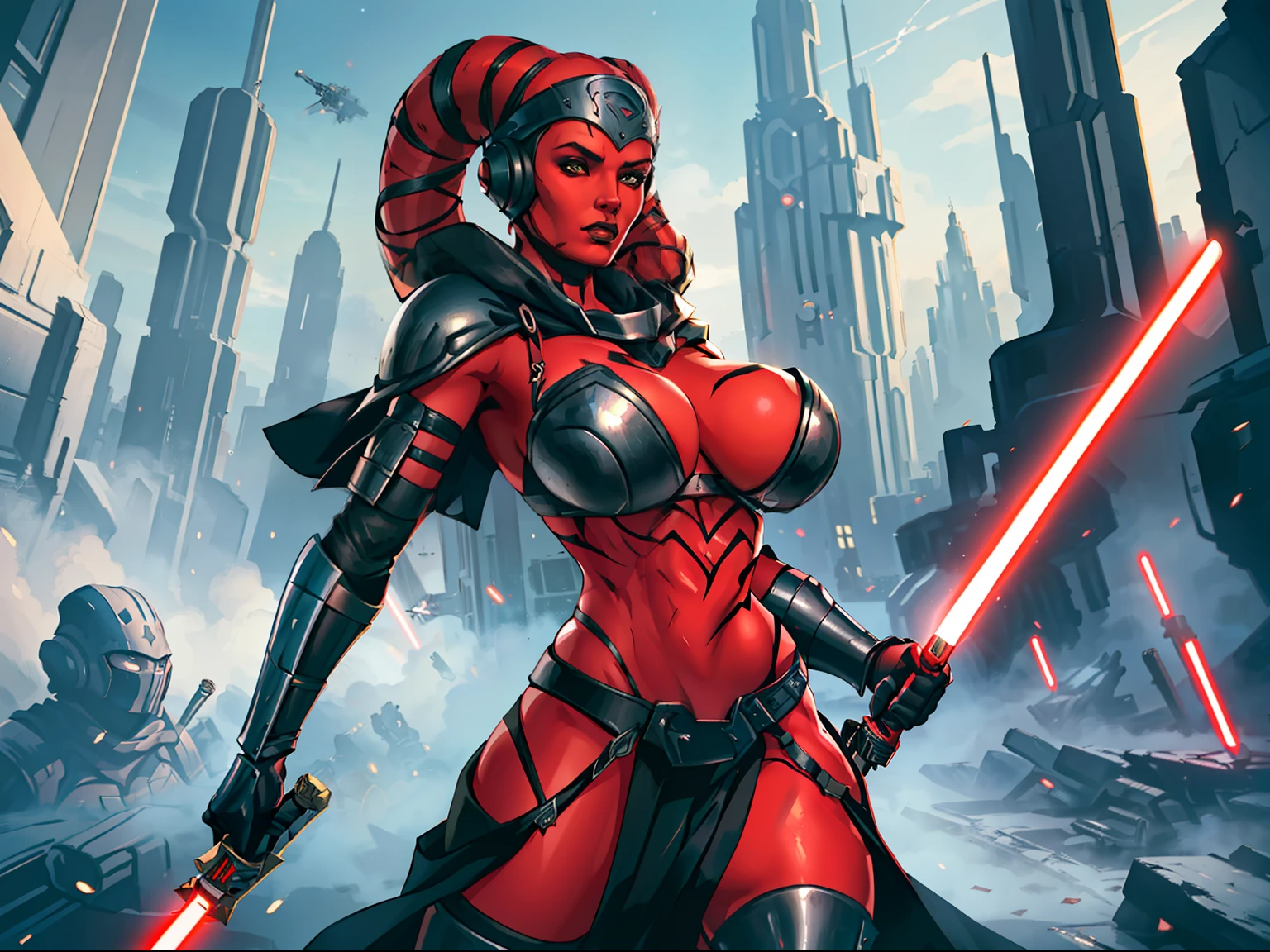 Gorgeous big tits Twi'lek woman in an action scene, (((fighting, swordfight, dual red lightsabers))), masterpiece, best quality, high-definition, armor, busty, ((red skin), twi'lek), dual red lightsabers, evil space knight, space ninja, (wearing black robes, black stealth armor, breastplate, tunic, tabard, cowl, cloak, body glove, straps, buckles, skirts, long sleeves, fantasy, ((armor))), ((busty), slender body, thin, slim sexy body, slim waist, ((gigantic breasts))), Imperial starship, Star Wars, futuristic city, warzone, soldiers in black armor