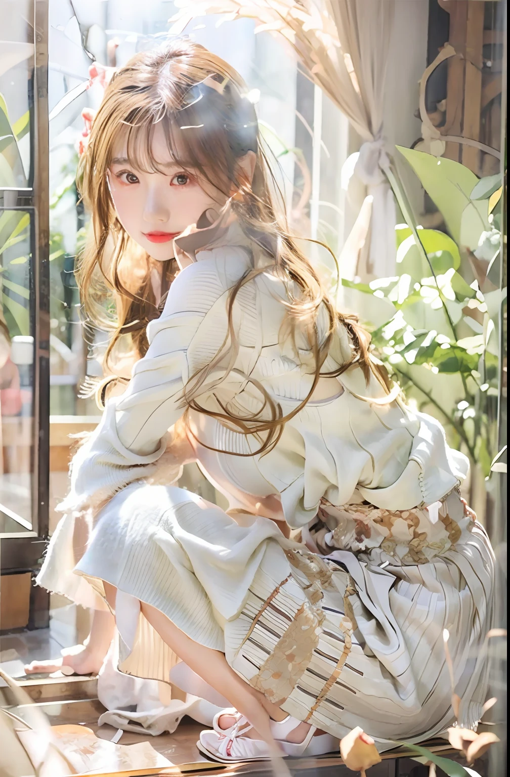 Need,tmasterpiece,Highest image quality,whaite hair,Golden eyes,White dress,Look up,Hairline,Fair skin,SideBraid,White and tender arms,Beautiful legs,Sit Pose,Slightly transparent skirt,beautidful eyes,largeeyes,ssmile,photorealestic