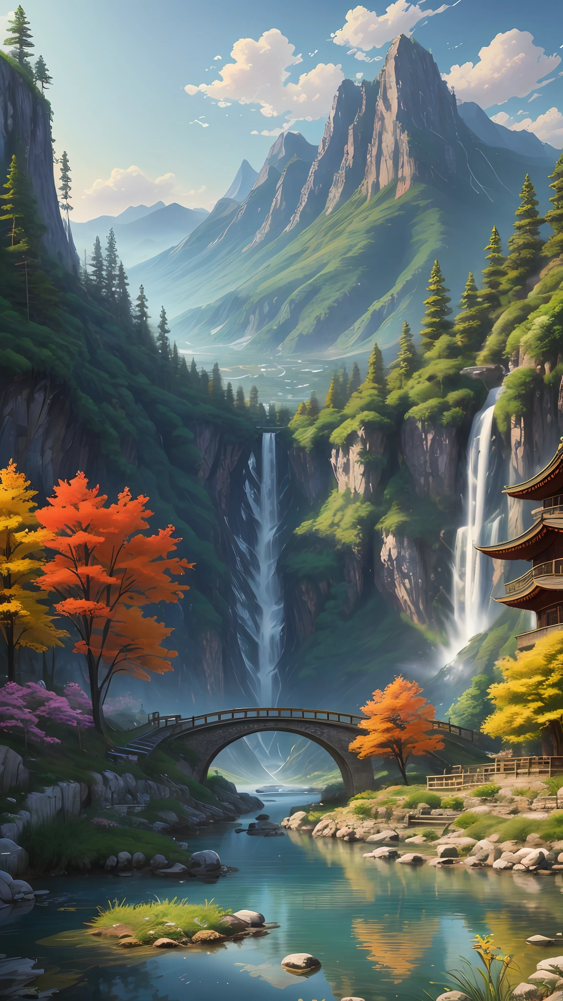 Wallpapers，scenecy，Far Mountain，Eau，Traditional Gangnam，idyllic scenery，（Very detailed CG unity 8K wallpaper），most beautiful artwork in the world，iintricate，high detal，sharp fokus，dramatics，Realistic painting art