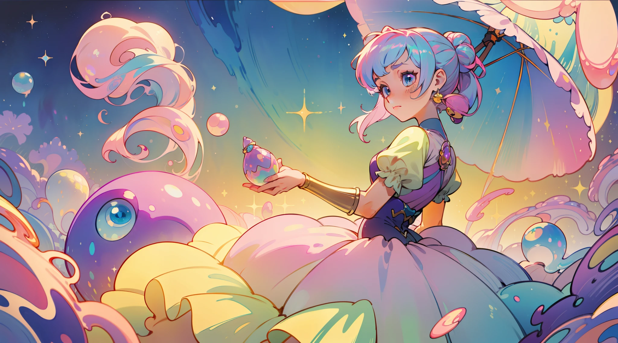 masterpiece, best quality, 8k resolution, sharp focus, intricate detail, beautiful girl, sparkling eyes, golden ratio face, otherworldly liquid, watercolor, pastel colors, bright colors, whimsical, colorful, sharp focus, high resolution, fine detail, princess fantasy flowing ballgown, ((round eyes)), iridescent bubbles, castle landscape in background