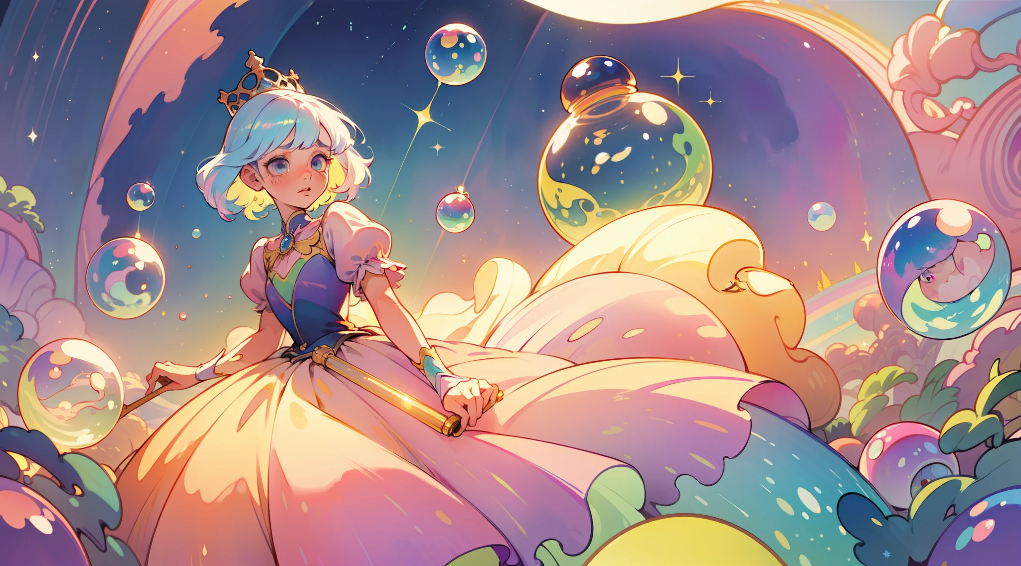 masterpiece, best quality, 8k resolution, sharp focus, intricate detail, beautiful girl, sparkling eyes, golden ratio face, otherworldly liquid, watercolor, pastel colors, bright colors, whimsical, colorful, sharp focus, high resolution, fine detail, princess fantasy flowing ballgown, ((round eyes)), iridescent bubbles, castle landscape in background