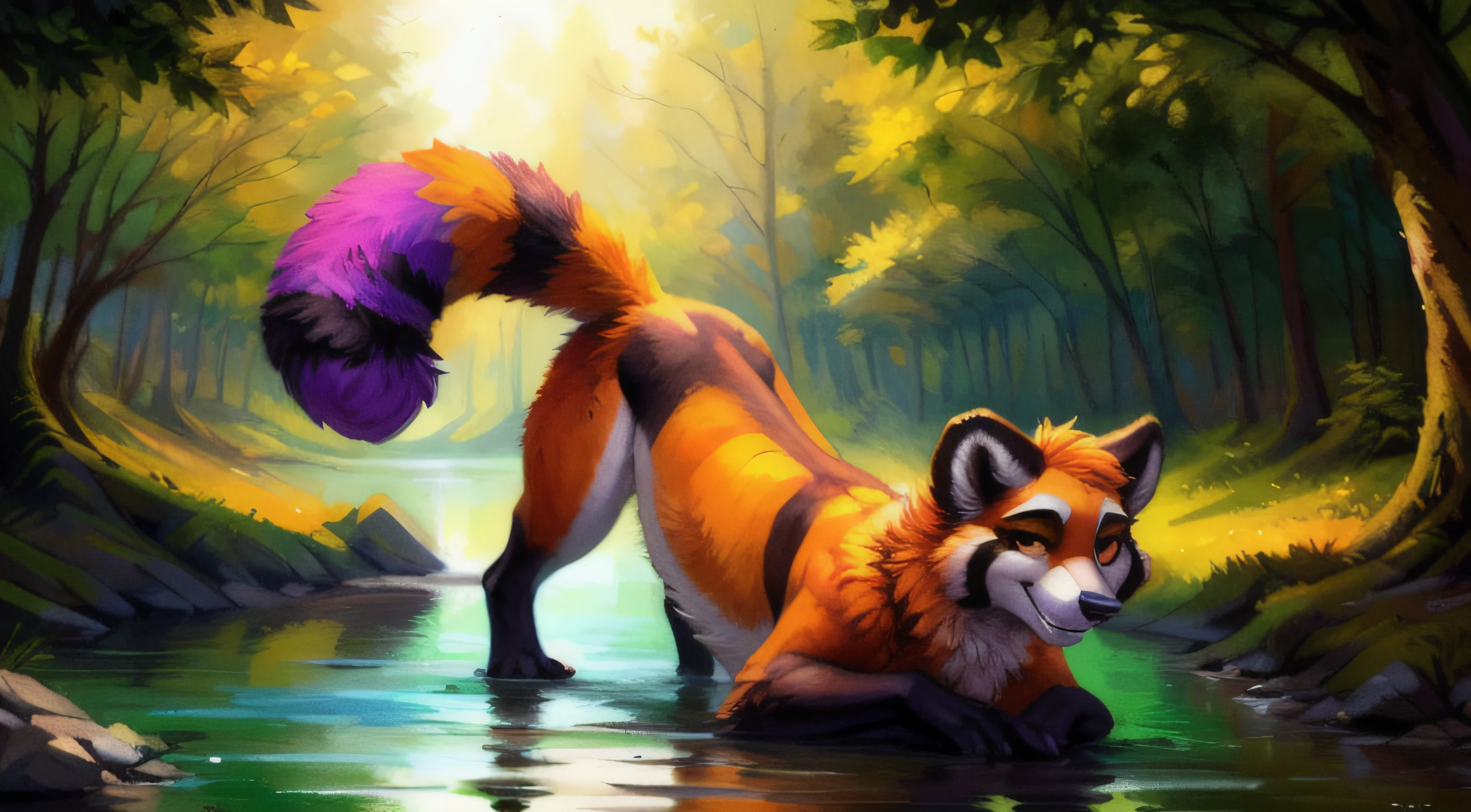 subido a e621, (por kenket, por Ross Tran, por Ruan Jia, por Foxovh) de un red-panda taur macho de ojos azules, ((colores naturales)), Fursona, (((mostrando el trasero con cola en alto))) Looking at the camera with a mischievous look, Open Invitation, mirada picara, (In the middle of a forest with a river in the background), (detailed lighting), (cinematography lighting), [luz ambiental detallada], [Enfoque genital], peludo, ((sombra de medio cuerpo)), [luz ambiental en el vientre], [proporciones realistas], [explicit content], [foco nítido], (contenido cuestionable), (sombreado), ((obra maestra)), pene largo y grueso, pene erecto