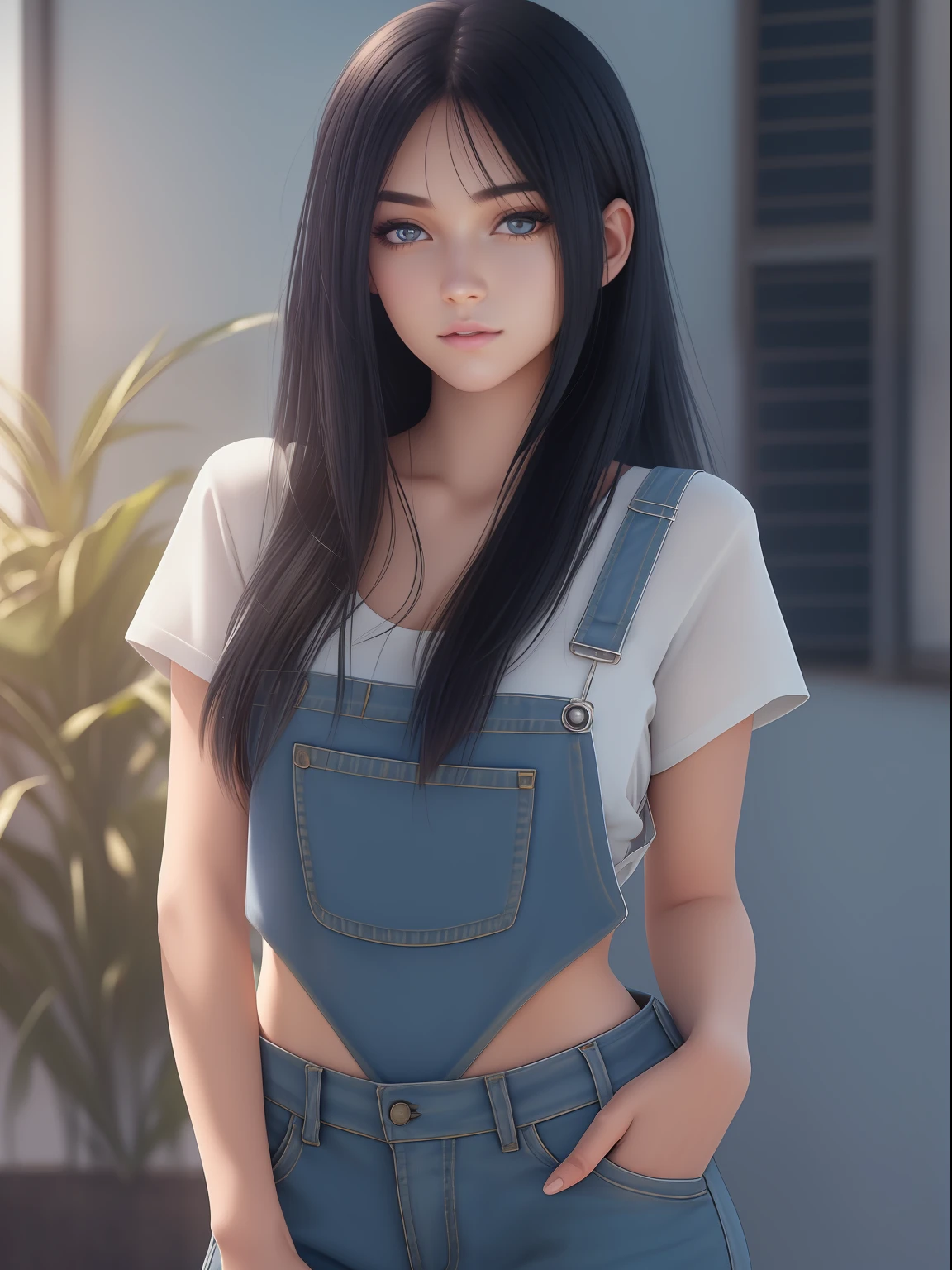 Ranch, female, young, beautiful face, detailed face, white skin, crop top, short denim overalls, legs, black hair, absolute long straight hair, detailed hair, kind face, looking at the viewer, (photographic style), (masterpiece), (best quality), (ultra highres), (8k resolution), (ultra detailed), (raytracing)