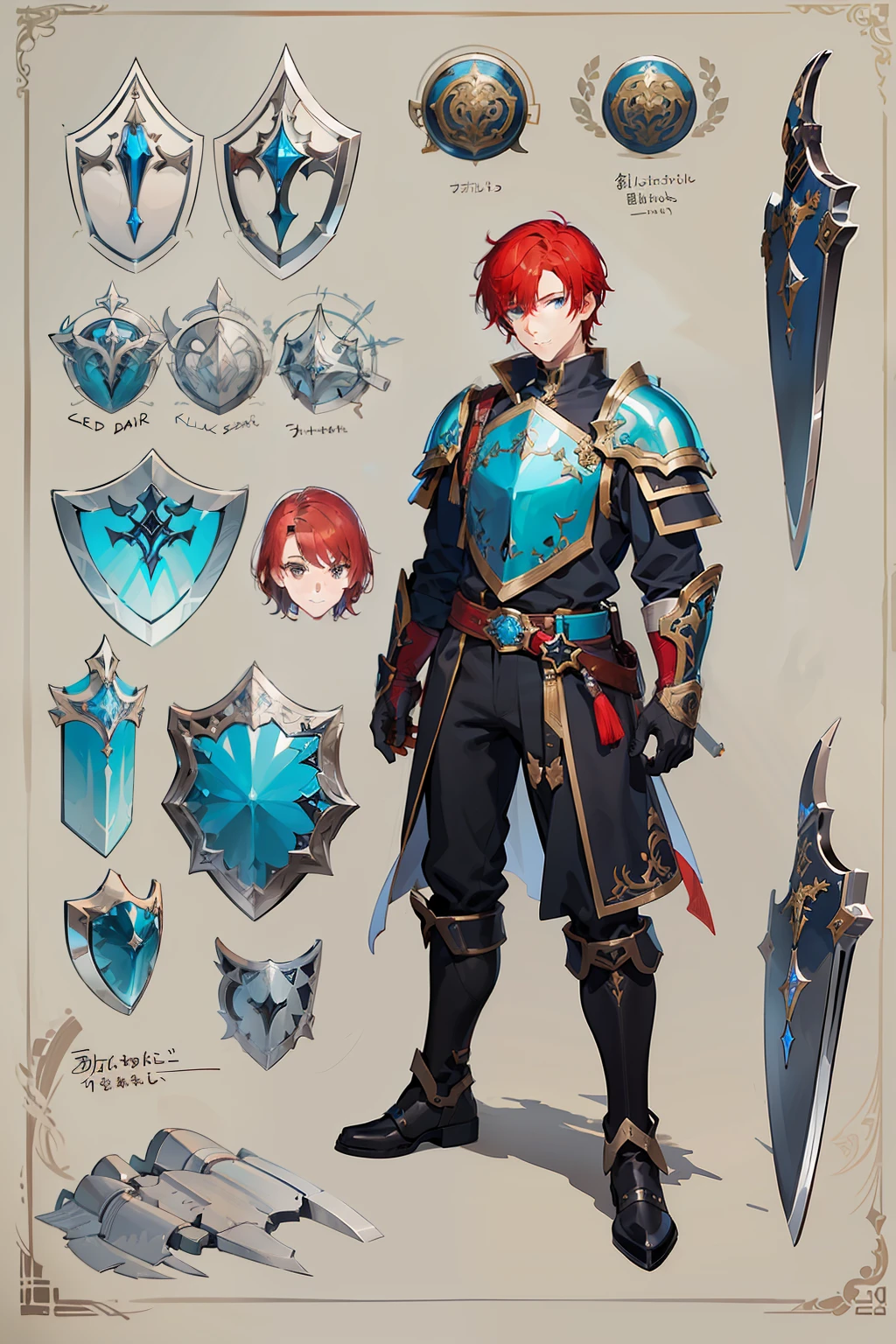 Young man, slight smile, friendly look, red hair, short hair, dark blue eyes, white skin, detailed. Black work gloves, blue shirt, brown belt, black pants. Accessory, 1 Shield, platinum shield, shining shield, 1 sword, silver sword, shining sword. Character sheet, concept art, sketches.