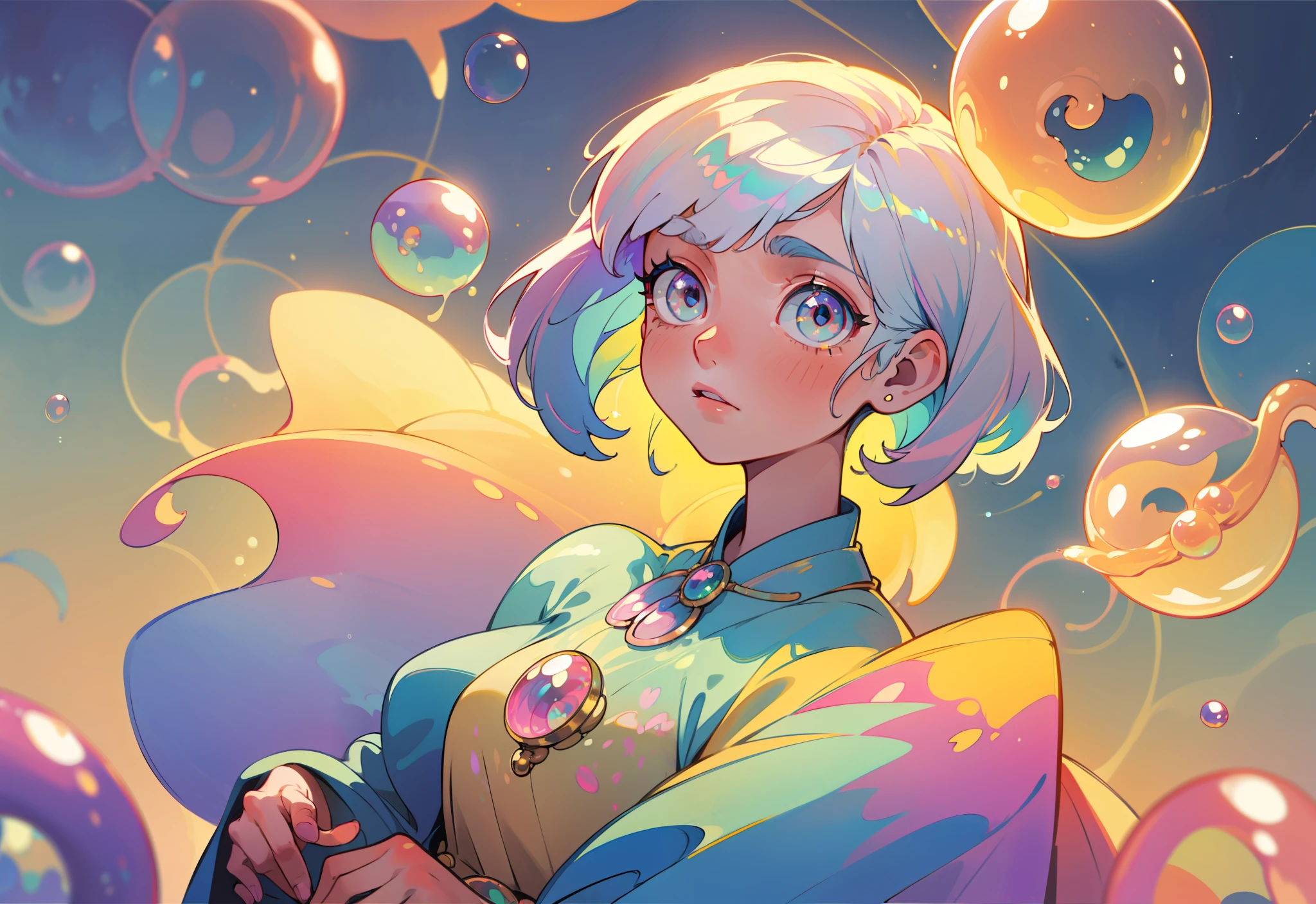 masterpiece, best quality, 8k resolution, sharp focus, intricate detail, beautiful girl, sparkling eyes, golden ratio face, otherworldly liquid, watercolor, pastel colors, bright colors, whimsical, colorful, sharp focus, high resolution, fine detail, liquid ballgown, ((round eyes)), iridescent bubbles