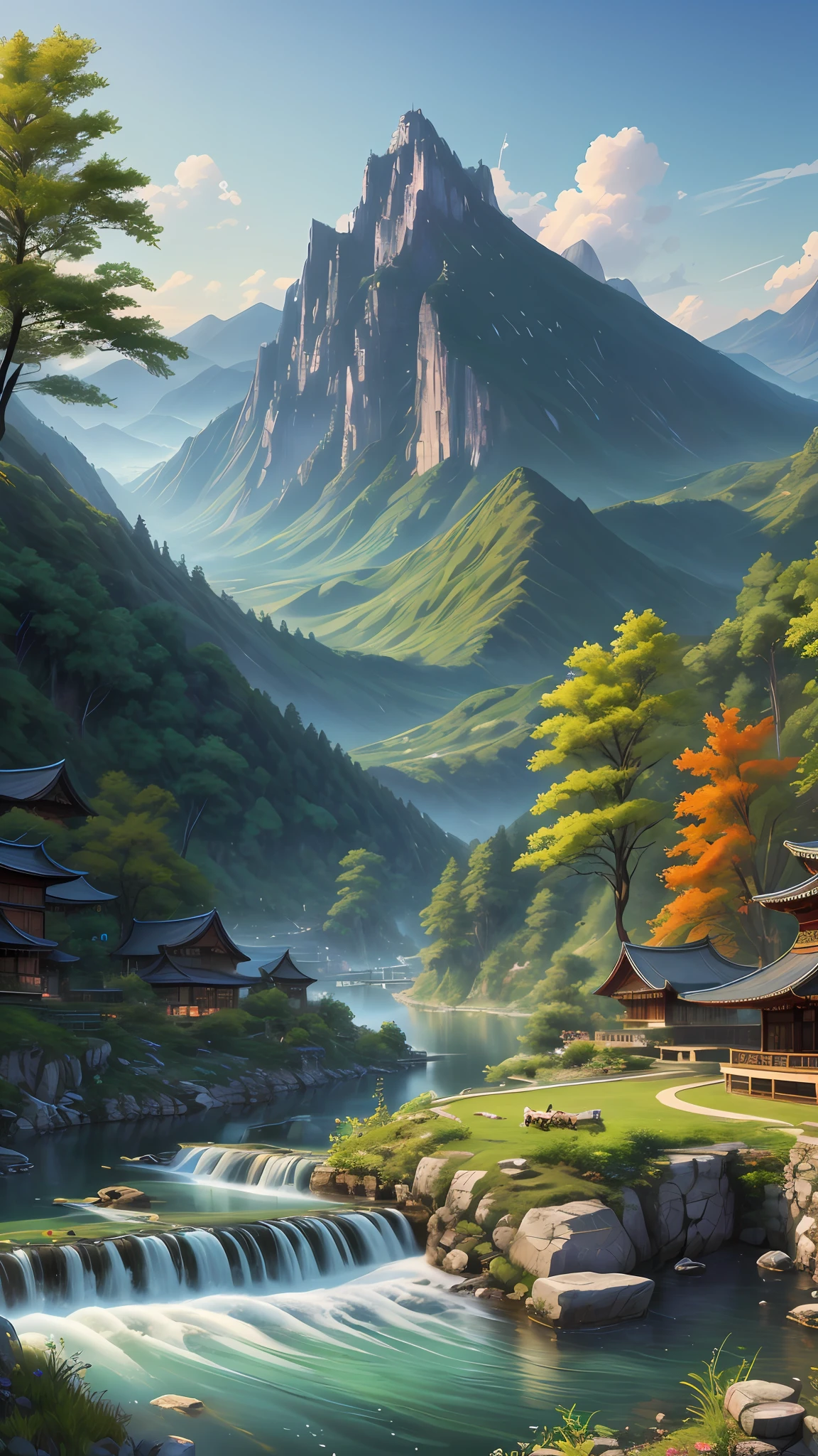 Wallpapers,scenecy,Far Mountain,Eau,Traditional Gangnam,idyllic scenery,(Very detailed CG unity 8K wallpaper),most beautiful artwork in the world,iintricate,high detal,sharp fokus,dramatics,Realistic painting art