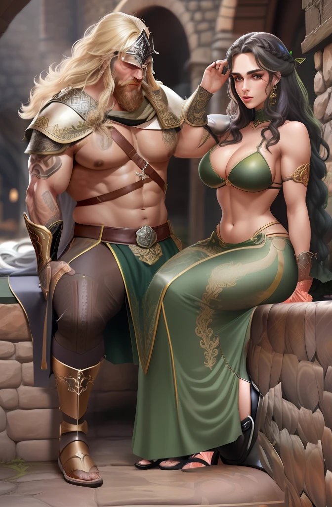 Homem e uma mulher se beijando, homem de cabelo loiro e longo, olhos azuis, peitoral gigante, corpo forte, Corpo com muita veia, armadura de viking, espada gigantesca, Mulher de cabelo curto e preto, olhos verdes, mid chest, sexy, curvas apontadas, Corpo sensual, roupa da pano, medieval setting, imagem HD, Imagem limpa, Imagem 4k, alta resolução, obra prima, manga art