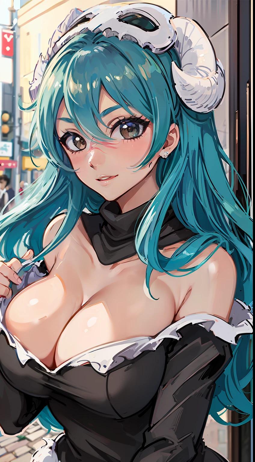 Kizi,cleavage,Off-the-shoulder attire,ssmile,closeup cleavage,The upper part of the body,street Tokyo