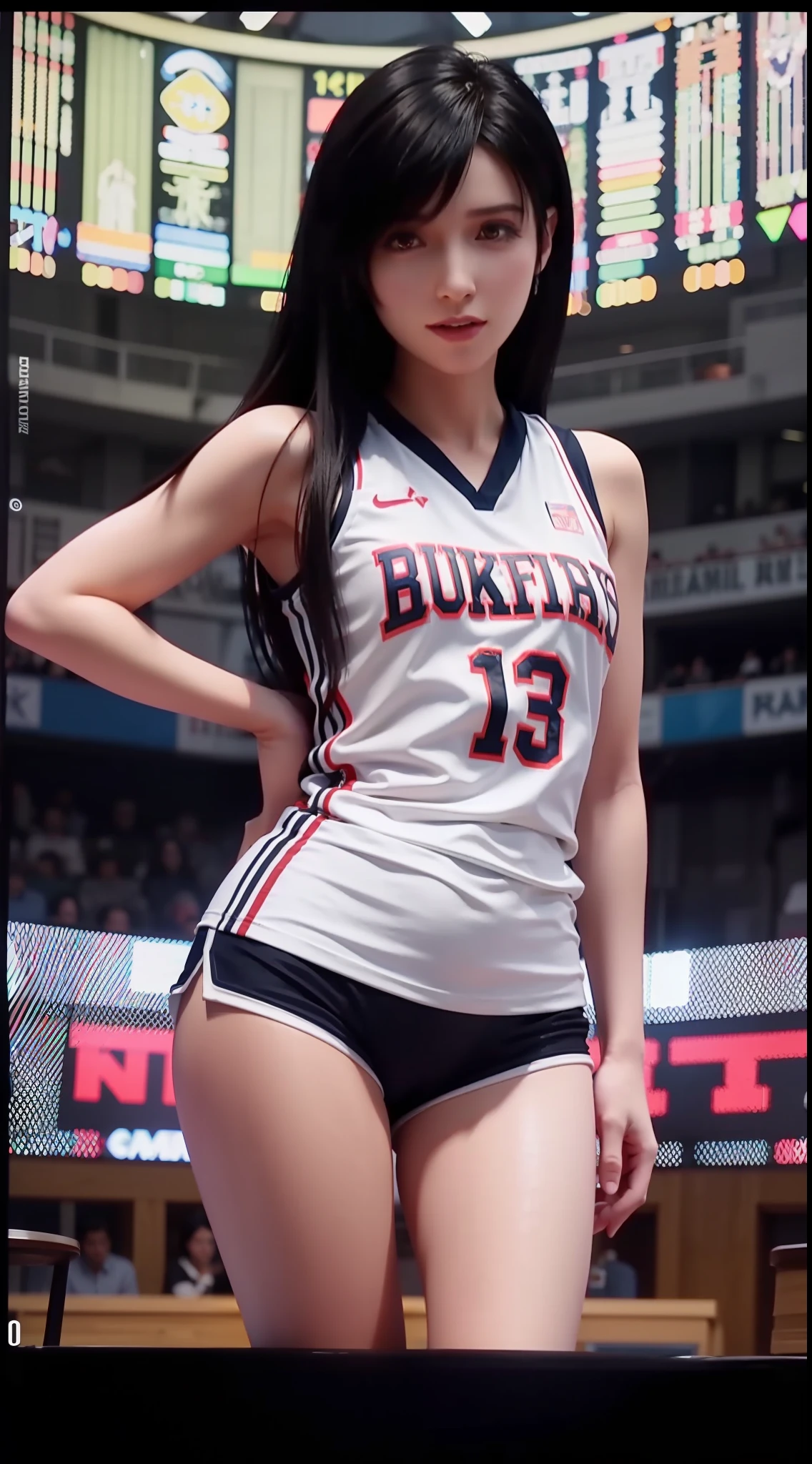 1girl,moyou，(8k, best quality, masterpiece:1.2), (realistic, photo-realistic:1.37), ultra-detailed,best quality, ultra high res, professional lighting, photon mapping, radiosity, physically-based rendering, cinematic lighting, basketball court,depth of field, sharp focus,sunbeam, good composition,(bokeh:1.2) 1girl,solo,(full body), (closed mouth),beautiful detailed eyes, pose, narrow waist,basketball uniform, black hair,messy hair,long hair floating in wind,(ulzzang-6500:1.2) mix4, hiqcgbody