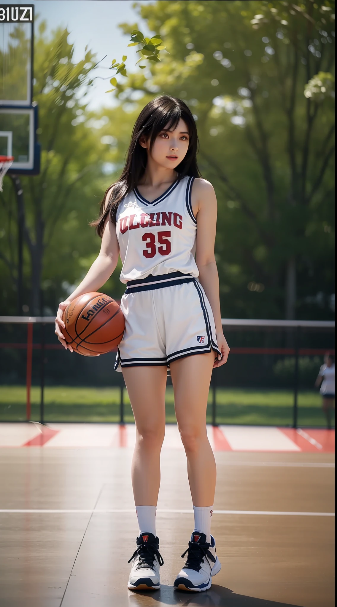 1girl,moyou，(8k, best quality, masterpiece:1.2), (realistic, photo-realistic:1.37), ultra-detailed,best quality, ultra high res, professional lighting, photon mapping, radiosity, physically-based rendering, cinematic lighting, basketball court,depth of field, sharp focus,sunbeam, good composition,(bokeh:1.2) 1girl,solo,(full body), (closed mouth),beautiful detailed eyes, pose, narrow waist,basketball uniform, black hair,messy hair,long hair floating in wind,(ulzzang-6500:1.2) mix4, hiqcgbody