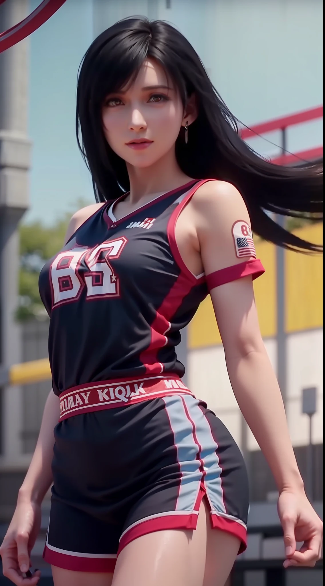 1girl,moyou,(8k, best quality, masterpiece:1.2), (realistic, photo-realistic:1.37), ultra-detailed,best quality, ultra high res, professional lighting, photon mapping, radiosity, physically-based rendering, cinematic lighting, basketball court,depth of field, sharp focus,sunbeam, good composition,(bokeh:1.2) 1girl,solo,(full body), (closed mouth),beautiful detailed eyes, pose, narrow waist,basketball uniform, black hair,messy hair,long hair floating in wind,(ulzzang-6500:1.2) mix4, hiqcgbody