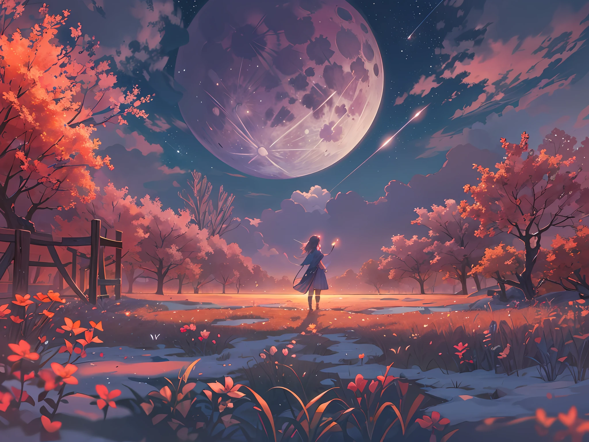 A wide landscape photo, (viewed from below, the sky is above, and the open field is below), a girl standing on a flower field looking up, (full moon: 1.2), (meteor: 0.9), (nebula: 1.3), distant mountains , Trees BREAK Crafting Art, (Warm Light: 1.2), (Firefly: 1.2), Lights, Lots of Purple and Orange, Intricate Details, Volumetric Lighting BREAK (Masterpiece: 1.2), (Best Quality), 4k, Ultra Detailed, (Dynamic Composition: 1.4), Rich in Detail and Color, (Rainbow Color: 1.2), (Glow, Atmospheric Lighting), Dreamy, Magical, (Solo: 1.2)