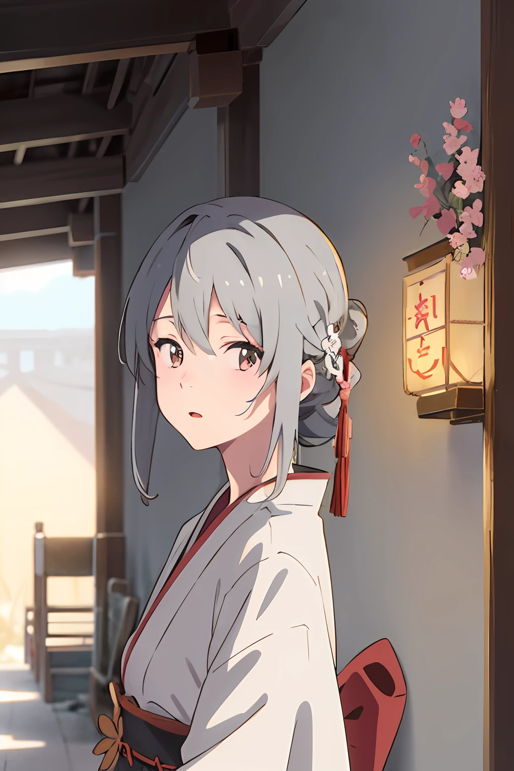 Anime girl with gray hair and flowers in her hair, Japan Wind Shrine Building , Holding a fox mask , artwork in the style of guweiz, guweiz on pixiv artstation, Beautiful Anime Portrait, guweiz on artstation pixiv, guweiz, Detailed Digital Anime Art, a beautiful artwork illustration, anime style 4 k, digital anime illustration, detailed portrait of an anime girl
