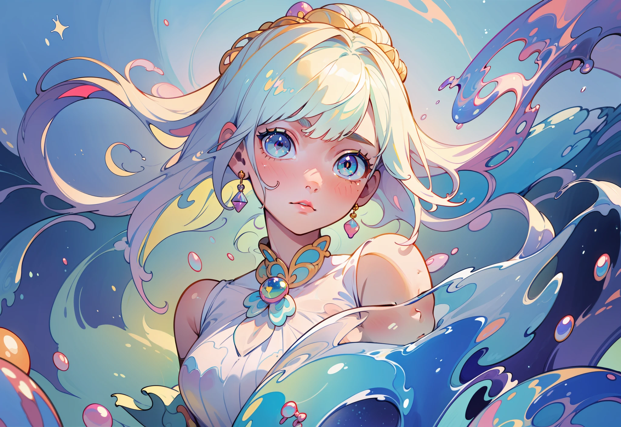 masterpiece, best quality, 8k resolution, sharp focus, intricate detail, beautiful girl, sparkling eyes, golden ratio face, otherworldly liquid, watercolor, pastel colors, bright colors, whimsical, colorful, sharp focus, high resolution, fine detail, liquid ballgown, ((round eyes))