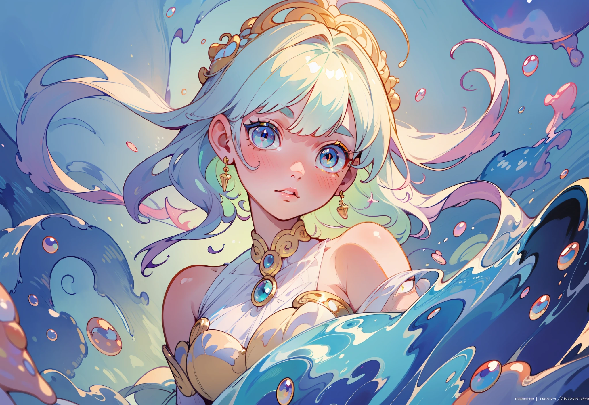 masterpiece, best quality, 8k resolution, sharp focus, intricate detail, beautiful girl, sparkling eyes, golden ratio face, otherworldly liquid, watercolor, pastel colors, bright colors, whimsical, colorful, sharp focus, high resolution, fine detail, liquid ballgown, ((round eyes))