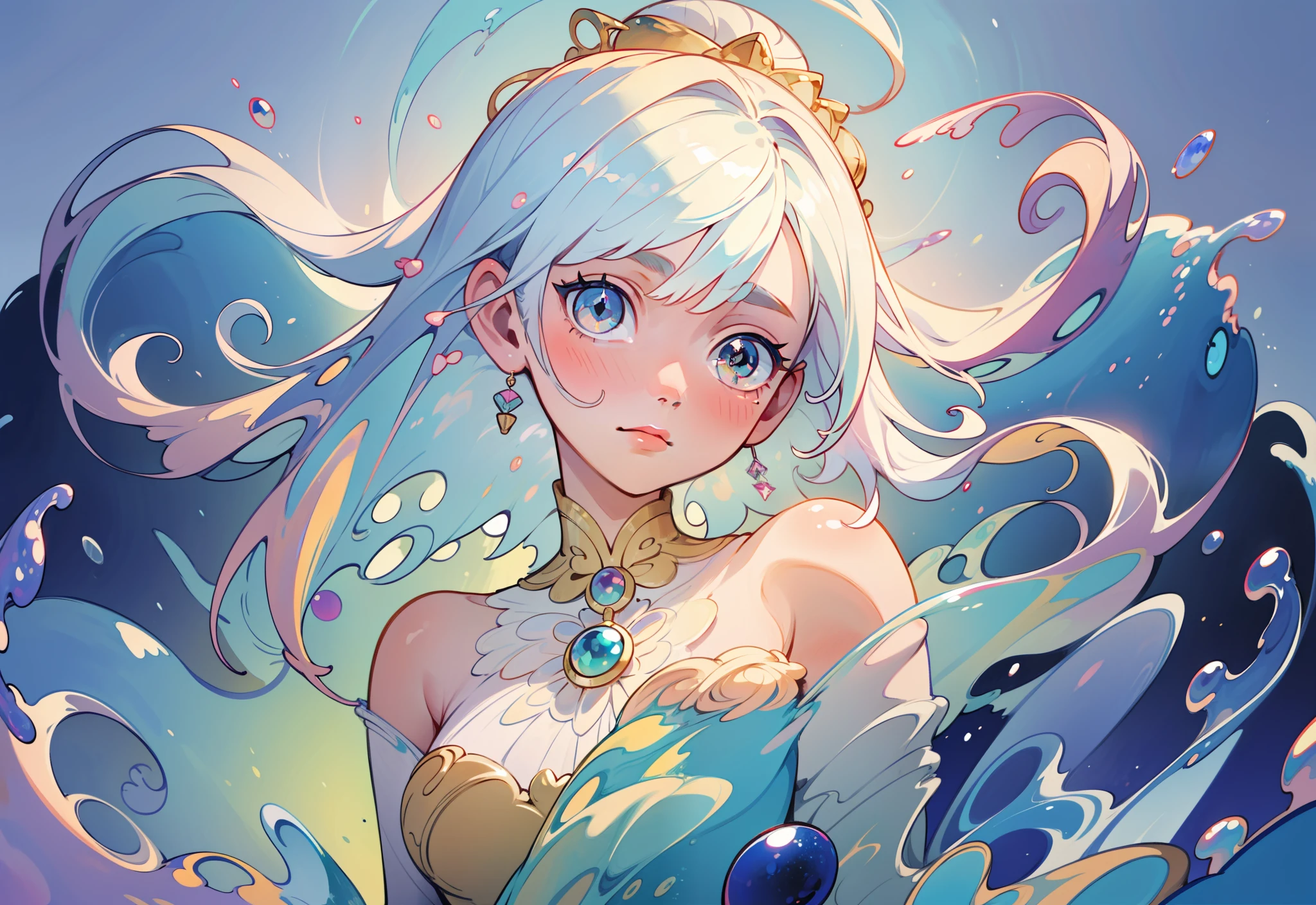 masterpiece, best quality, 8k resolution, sharp focus, intricate detail, beautiful girl, sparkling eyes, golden ratio face, otherworldly liquid, watercolor, pastel colors, bright colors, whimsical, colorful, sharp focus, high resolution, fine detail, liquid ballgown, ((round eyes))
