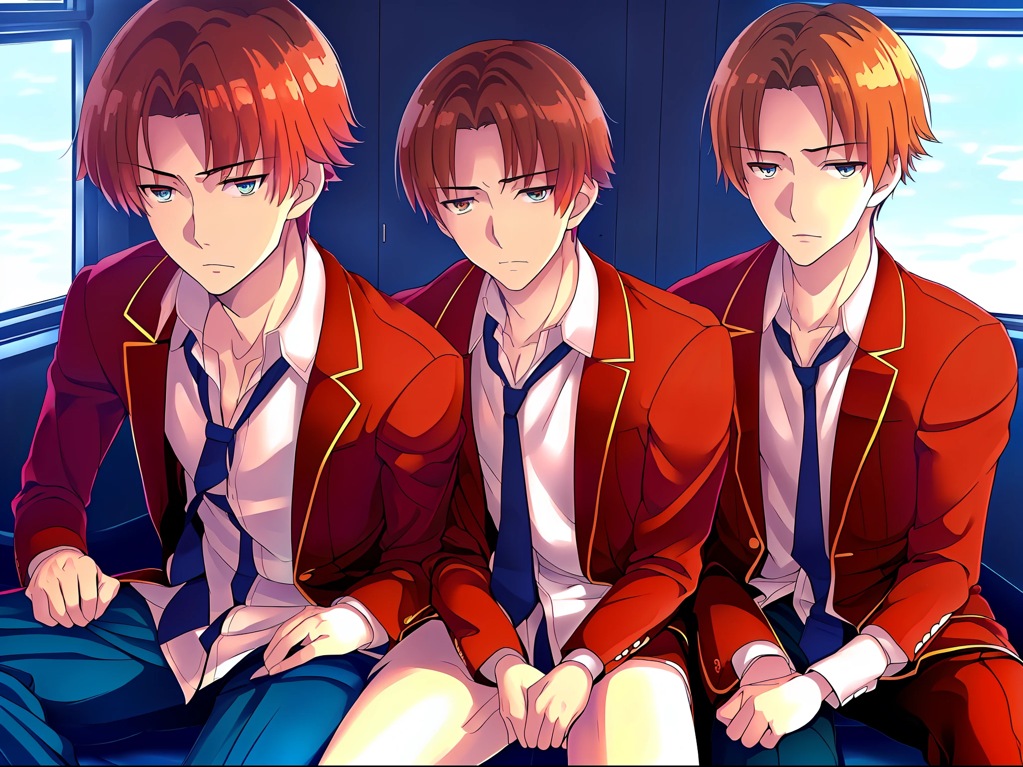 Anime - Stylistic image of a man in a white shirt sitting on a bus, Anime handsome man, Anime portrait of a handsome man, Tall anime guy with blue eyes, orange - haired anime boy, young anime man, Handsome anime pose, New Xiangcheng, Smooth anime CG art, looking smug, A slight smil, A slight smil,