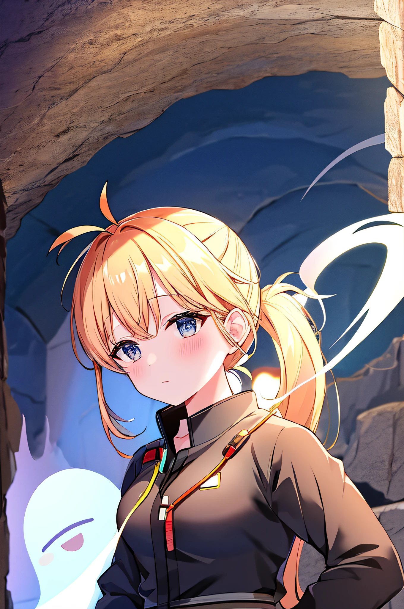 Inside the cave, Cave, huge-breasted, Ponytail, Ghostbuster Uniform, ghost, goggles on head,
