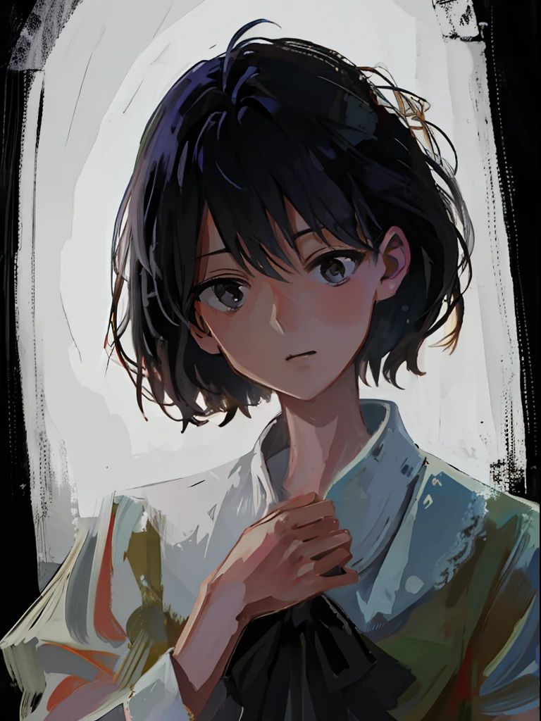 obra-prima, melhor qualidade, Sister, Sadako_Yamamura, 1girl, sozinho, beautiful lighting, Breio, ElysiumChar, retrato, 8k, oil-painting, soft-lighting, fundo preto simples, fundo laranja,