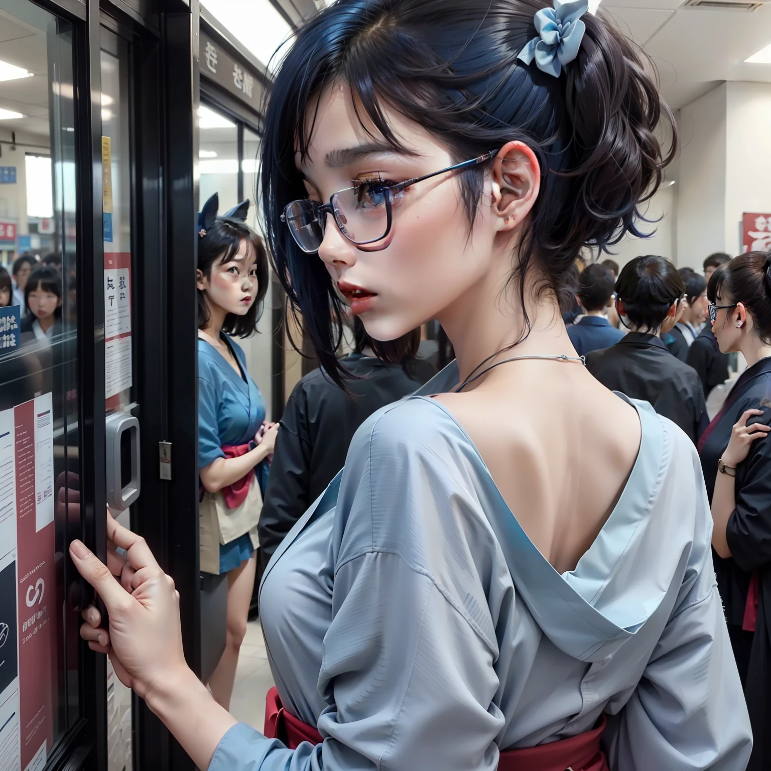 girl, teen, bunny girl, wear glasess, short hair, hair colour blue, wear kimono colour blue, sexy girl