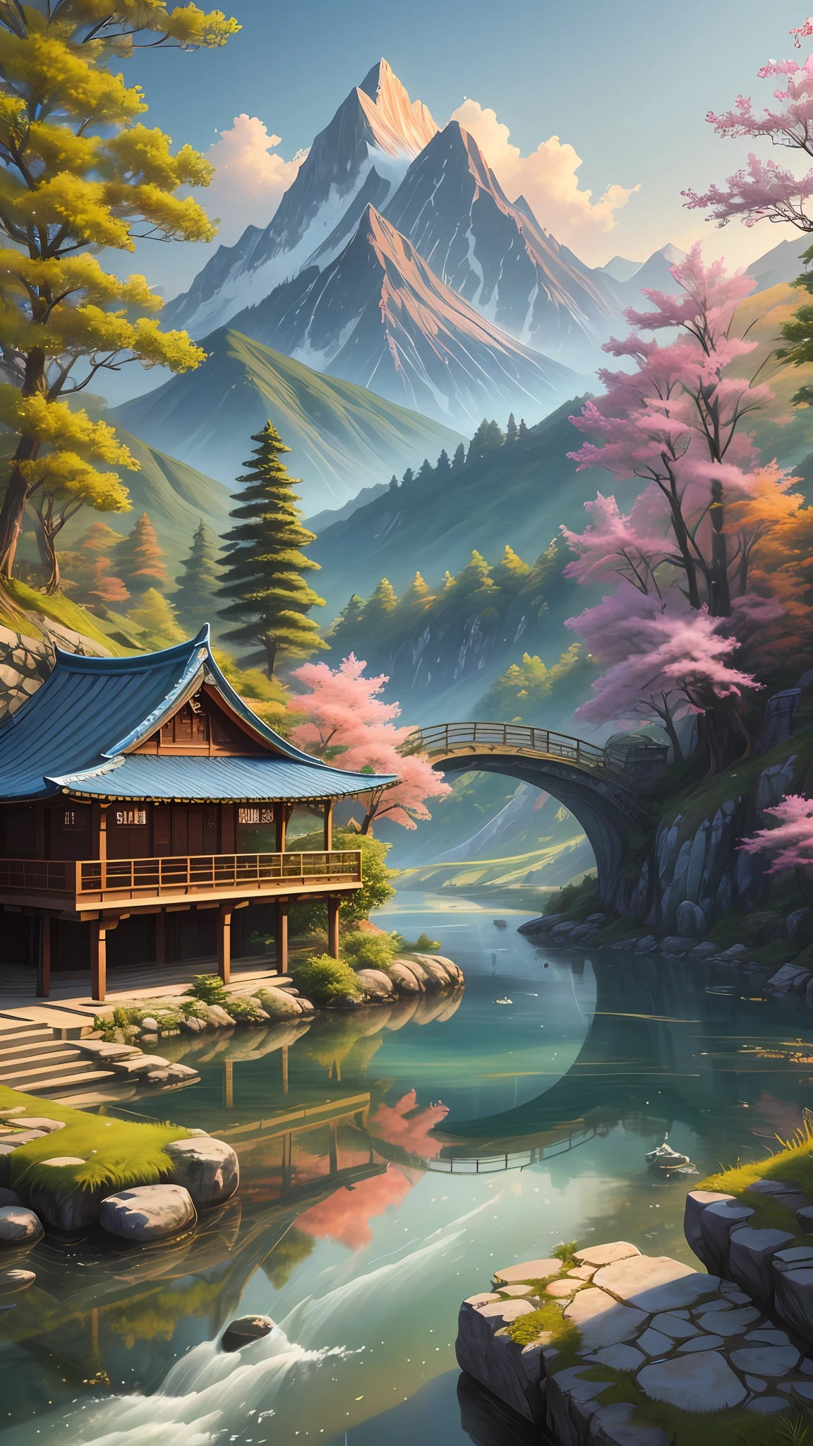 Wallpapers，scenecy，Far Mountain，Eau，Traditional Gangnam，idyllic scenery，（Very detailed CG unity 8K wallpaper），most beautiful artwork in the world，iintricate，high detal，sharp fokus，dramatics，Realistic painting art