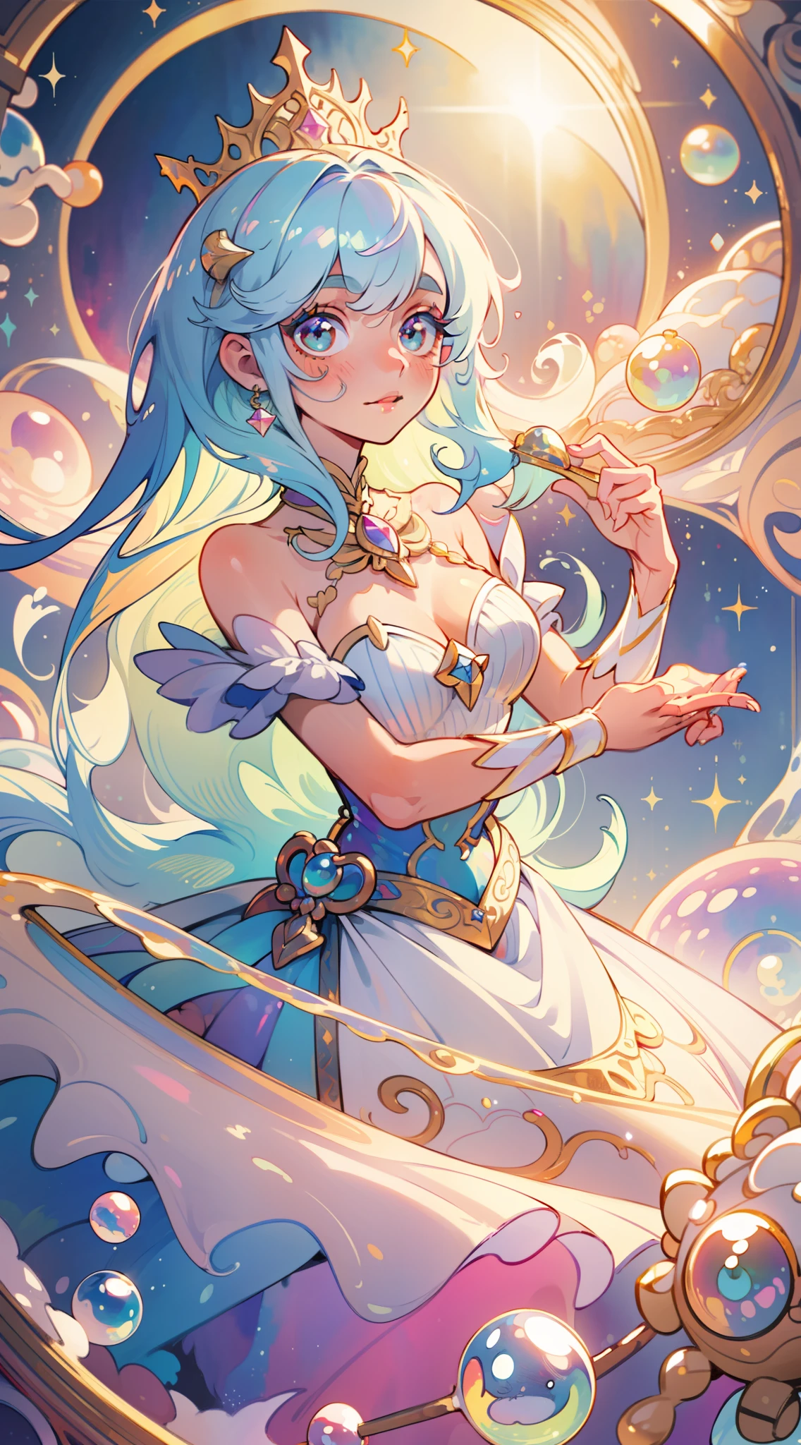 masterpiece, best quality, 8k resolution, sharp focus, intricate detail, beautiful girl, sparkling eyes, golden ratio face, otherworldly liquid, watercolor, pastel colors, bright colors, whimsical, colorful, sharp focus, high resolution, fine detail, princess fantasy ballgown, ((round eyes)), iridescent bubbles