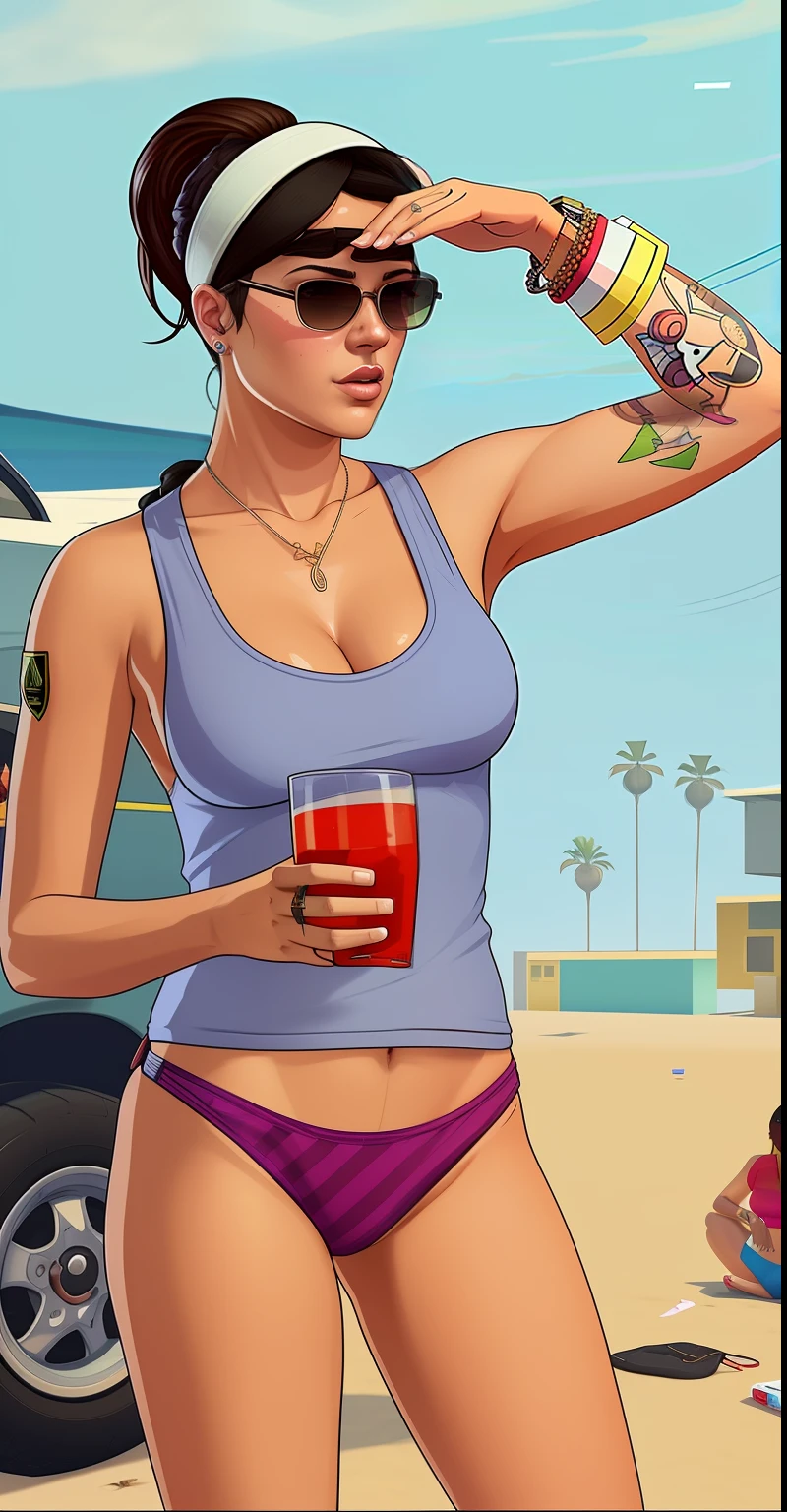 A closeup of a person in a bikini holding a glass, Estilo de GTA V obras de arte, gta arte, arte gta 5 quadrinhos, Estilo de GTA V, gta5 estilo, gta v estilo, gta estilo de arte, gta v arte, gta personagem, Como o protagonista de GTA 5, gta artestyle, gta artee da tela de carregamento, como um personagem de gtav