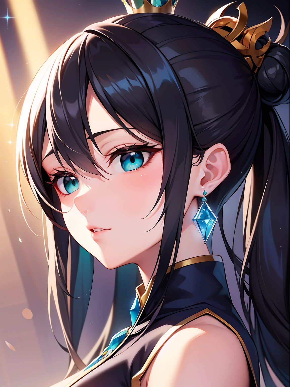 black hair, hair strand, side bun, crown, hollow eyes, aqua eyes, crystal earrings, tsundere, anime style, god rays, backlighting, character chart, first-person view, UHD