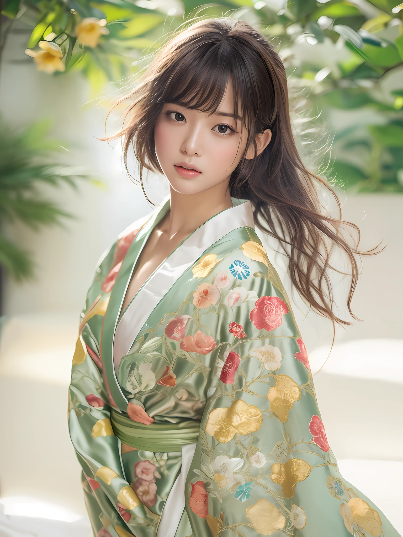 masutepiece, 1woman per 1photo, Full body shot, front-facing view, composition of looking a subject down from above, a Japanese young pretty woman, hyper pretty face, 18 years old, Wearing a shiny silky satin light yellow-green kimono with lots of floral embroidery, Sweaty body, Glossy lips, Glamorous figure, Lying on your back on a silk bed, staring directly at camera, Open your mouth wide, spreading the legs a little, head on a silk pillow, Silk bed sheets, Double eyelids in both eyes, Natural makeup, long eyelashes, shiny smooth light brown hair, asymmetrical bangs, Tanned skin, central image, 8K resolution, high detailing, detailed hairstyle, Detailed face, spectacular movie lighting, Octane Rendering, Vibrant, Hyper realistic, Perfect limbs, Perfect Anatomy
