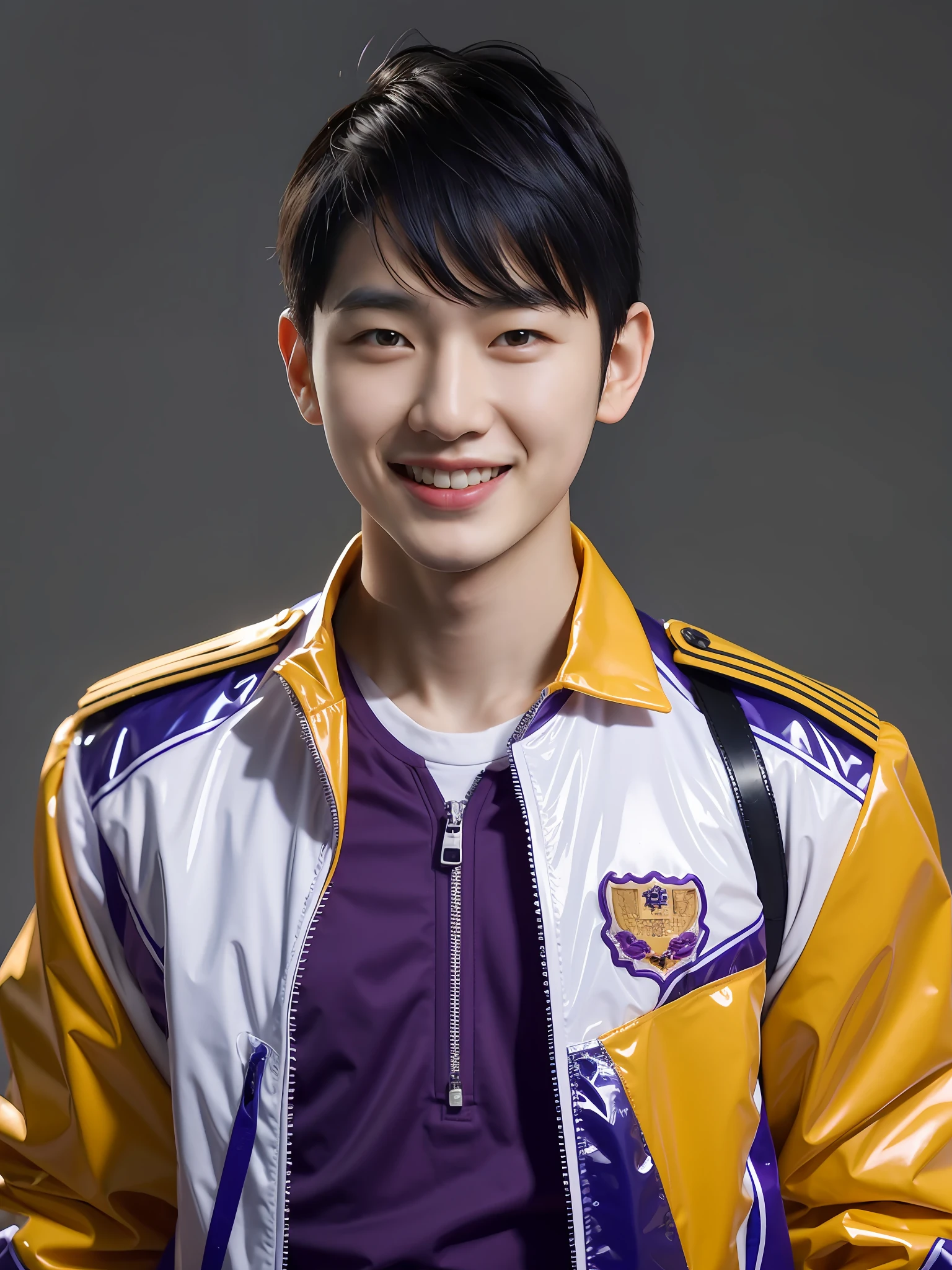 A Chinese male high school student,Wearing a PVC purple junior high school uniform,There are zippers,There is a collar