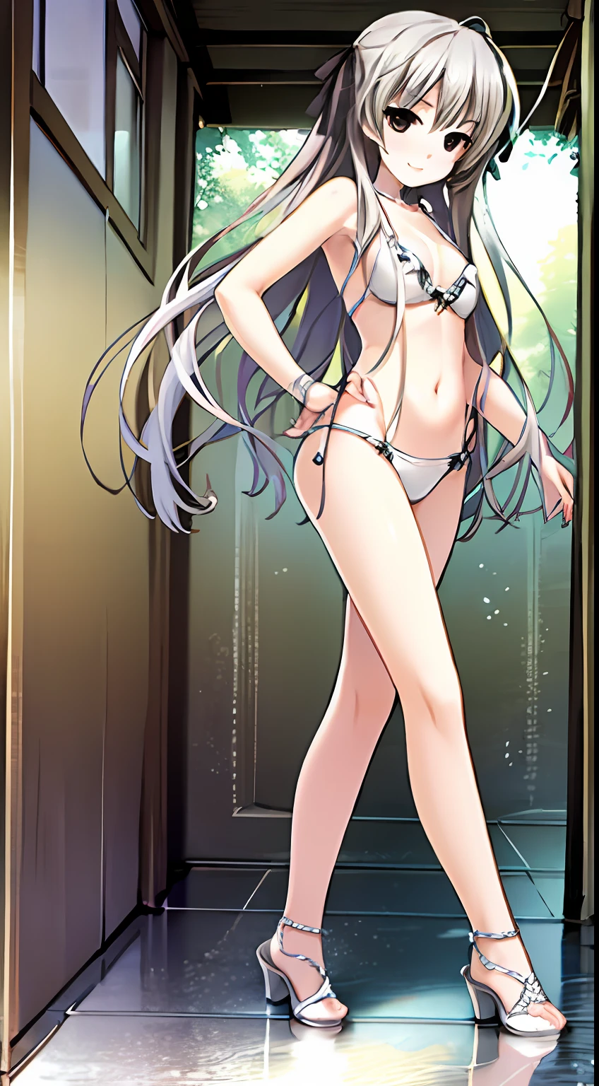 Detailed,Masterpiece,Ultra-detailed,Silver hair,Bare legs, 鎖骨、Need、1girll,swim wears、A white bikini、ssmile、standing on your feet