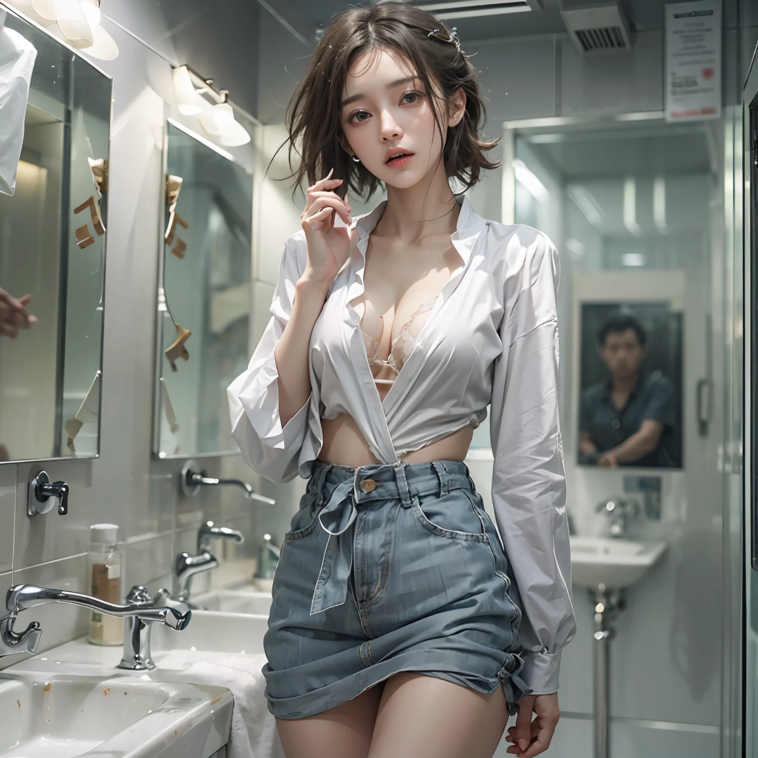 A very cute extreme exhibitionist Korean beauty in the middle of an abandoned men's toilet,There is a men's standing urinal,Devastated,Broken doors and windows,Clutter piles up haphazardly,The ground is a mess,pee stain, Sweat, sewage, The ground is dilapidated,Transparent skinny tiny bikini,facing at camera,Exquisite and perfect facial features,White and tender skin,Slender legs,Delicate and perfect human body structure,Barefoot,Spread your legs,Extreme picture quality,Highest accuracy,40k, Photography, masutepiece, Best quality, dark grey background, White skin, ((Smaller bust :1.3)), ((((No panties, no-bra)))), ((cleavage, Exposed breasts, Exposed crotch, Exposed lower abdomen, exhibitionism, exposed shaved pubic hair)), Best quality, masutepiece, hyper HD, (Photorealistic:1.4), RAW photo, (perfect body type), (Slim:1.1), Slim abdomen, perfect slim figure, (((Full-figured :0.9))), Solo, Sagging breasts, deep shading, Unobtrusive, Cold light 12000K, Highly detailed facial and skin texture, Detailed eyes, Realistic eyes, Beautiful detailed eyes, (Realistic face Realistic skin), Attractive, 超高分辨率, ultra-realistic realism, Highly detailed, (Yawning), (((exhibitionism)))