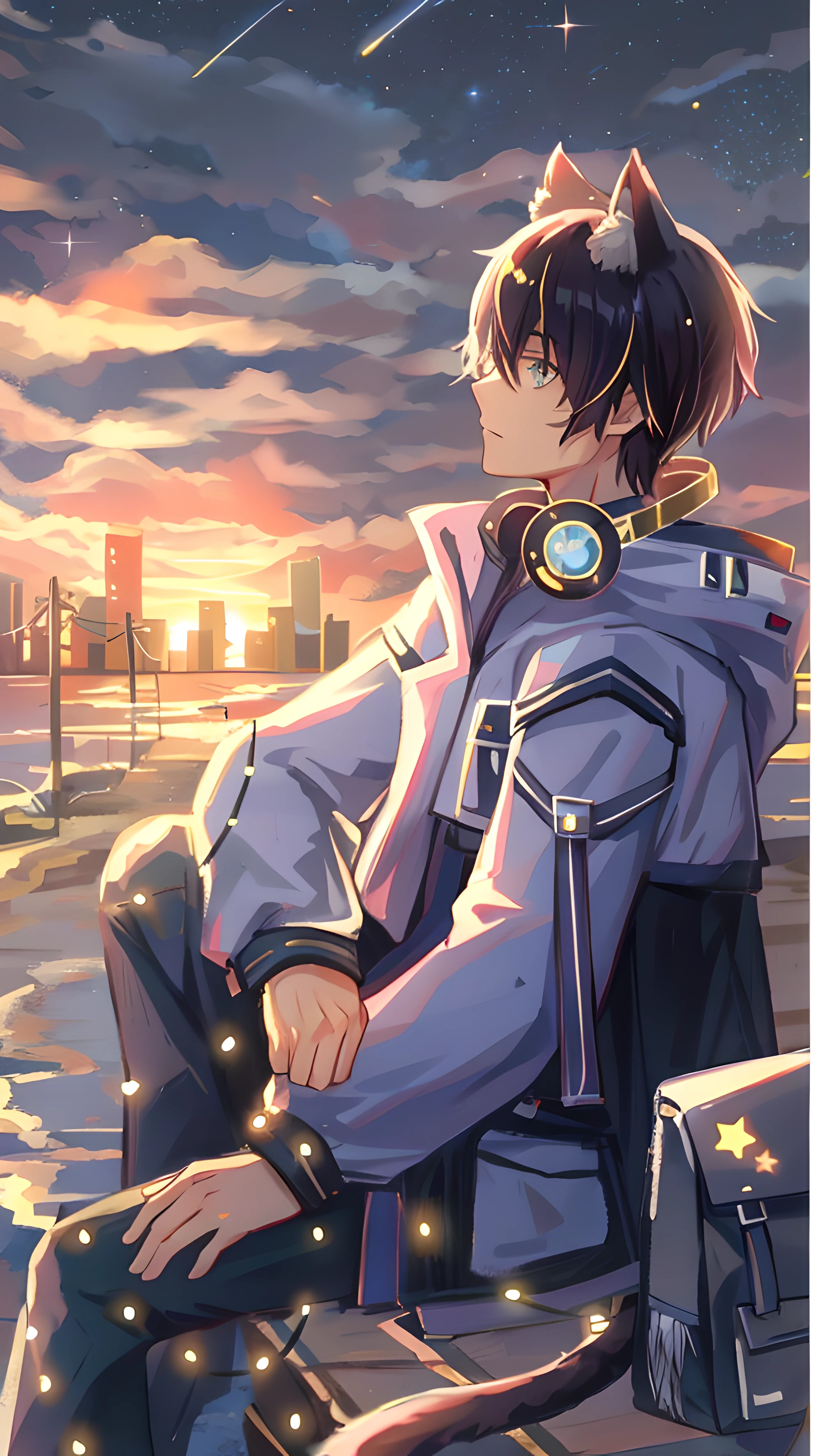 A teenager，Sit Pose，Has furry cat ears and a cat tail，watching the sunset，nigh sky，starrysky，meteor shower，Handsome face，Exquisite facial features，Anime Shounen