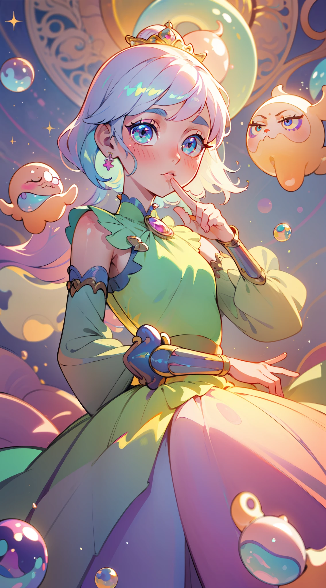 masterpiece, best quality, 8k resolution, sharp focus, intricate detail, beautiful girl, sparkling eyes, golden ratio face, otherworldly liquid, watercolor, pastel colors, bright colors, whimsical, colorful, sharp focus, high resolution, fine detail, princess fantasy ballgown, ((round eyes)), iridescent bubbles