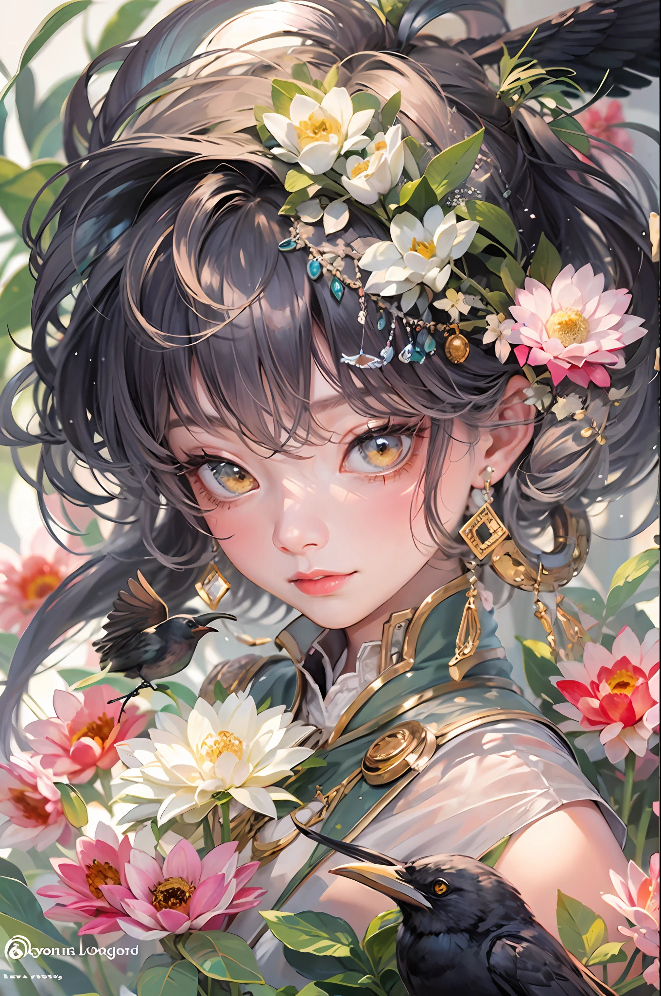 The hair is cloudy, like a pile of crows,Dressed in green velvet flowers。A pair of golden lotuses just half folded,Ten fingers are like spring shoots。The dough flour is like a silver basin,Vermilion lips are like cherry slippery。Straight and beautiful,In the month, Chang'e is also happy。Natural skin texture,ultra-realistic realism,the soft light,Sharp),masterpiece, best quality, ultra-detailed, best shadow,8k