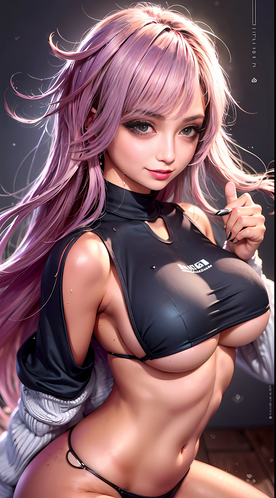 (((​master piece)))), High quality, very_high_resolution, Large_filesize, fulcolor,((Watching Viewer),(Straddling),(1woman with dark skin),((mascara、eyeshadows、eye liner、teak)),(((Random hairstyle)),((Random hair color)),(Seductive smile),Red eyes Big breasts,(Naughty wet clothes),(Braless),(thin turtleneck shirt tied in front),((breast cut out))