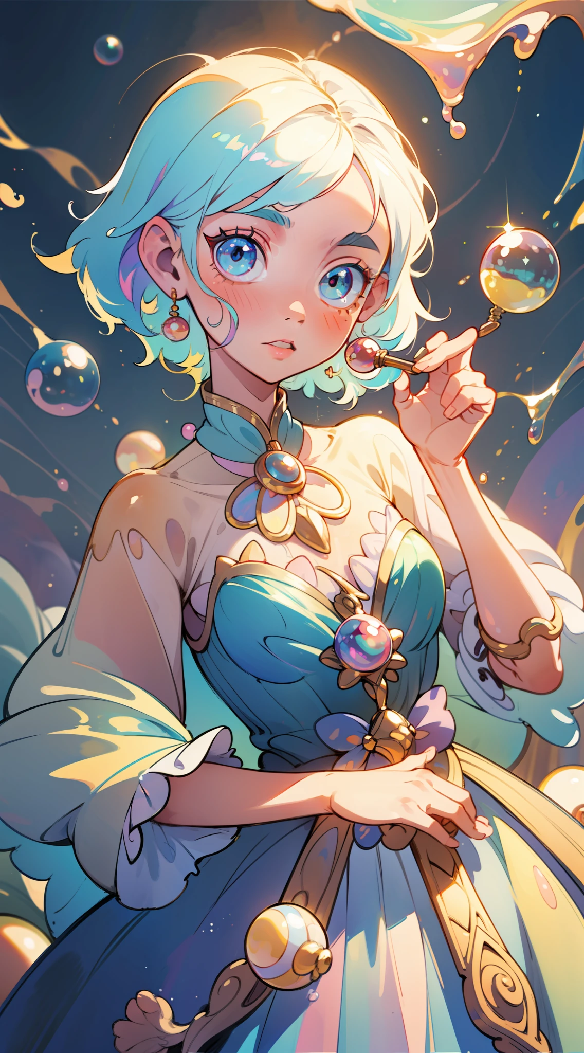 masterpiece, best quality, 8k resolution, sharp focus, intricate detail, beautiful girl, sparkling eyes, golden ratio face, otherworldly liquid, watercolor, pastel colors, bright colors, whimsical, colorful, sharp focus, high resolution, fine detail, fantasy ballgown, ((round eyes)), iridescent bubbles