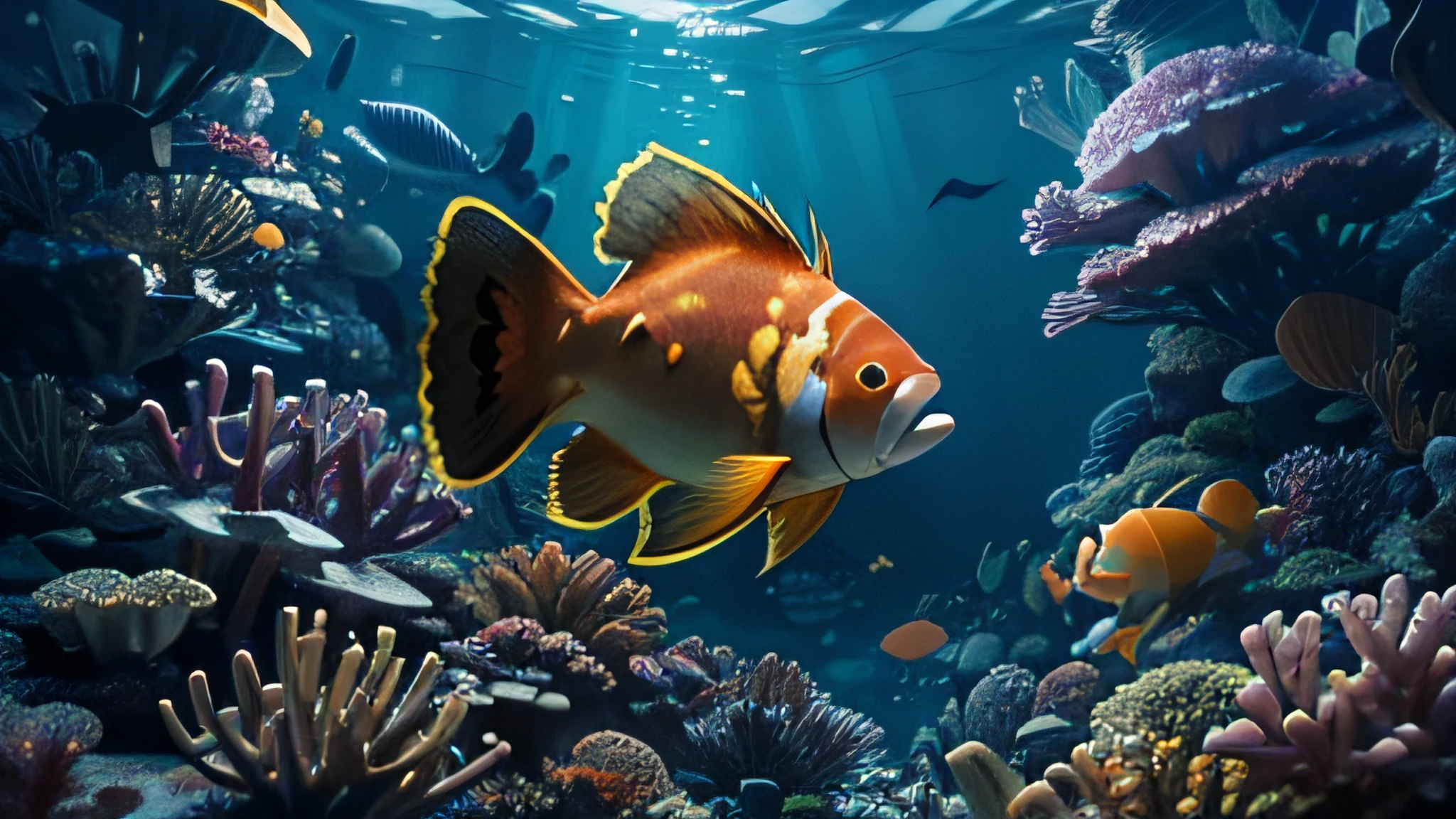 ((Underwater, Closed_Eyes, In_container, stasis_tanks)), ((High quality:1.2, Master:1.2)), absurderes, high resolution,(8K resolution), 8K, 8kres, 8K real, High details, Verbose and licensed, International high detail,highly intricate detail,absurd details,Hyper-Resolution,hyper HD,megapixel,vfx,FXAA,TXAA,RTX,SSAO,Shaders,denoised,Denoising,cel shading,Tone-mapping,Environmental occlusion,rays of moonlight,Depth - fc,Deep under the sea,The Golden Clownfish has a strong defense,The jellyfish's attack did almost no harm to it。